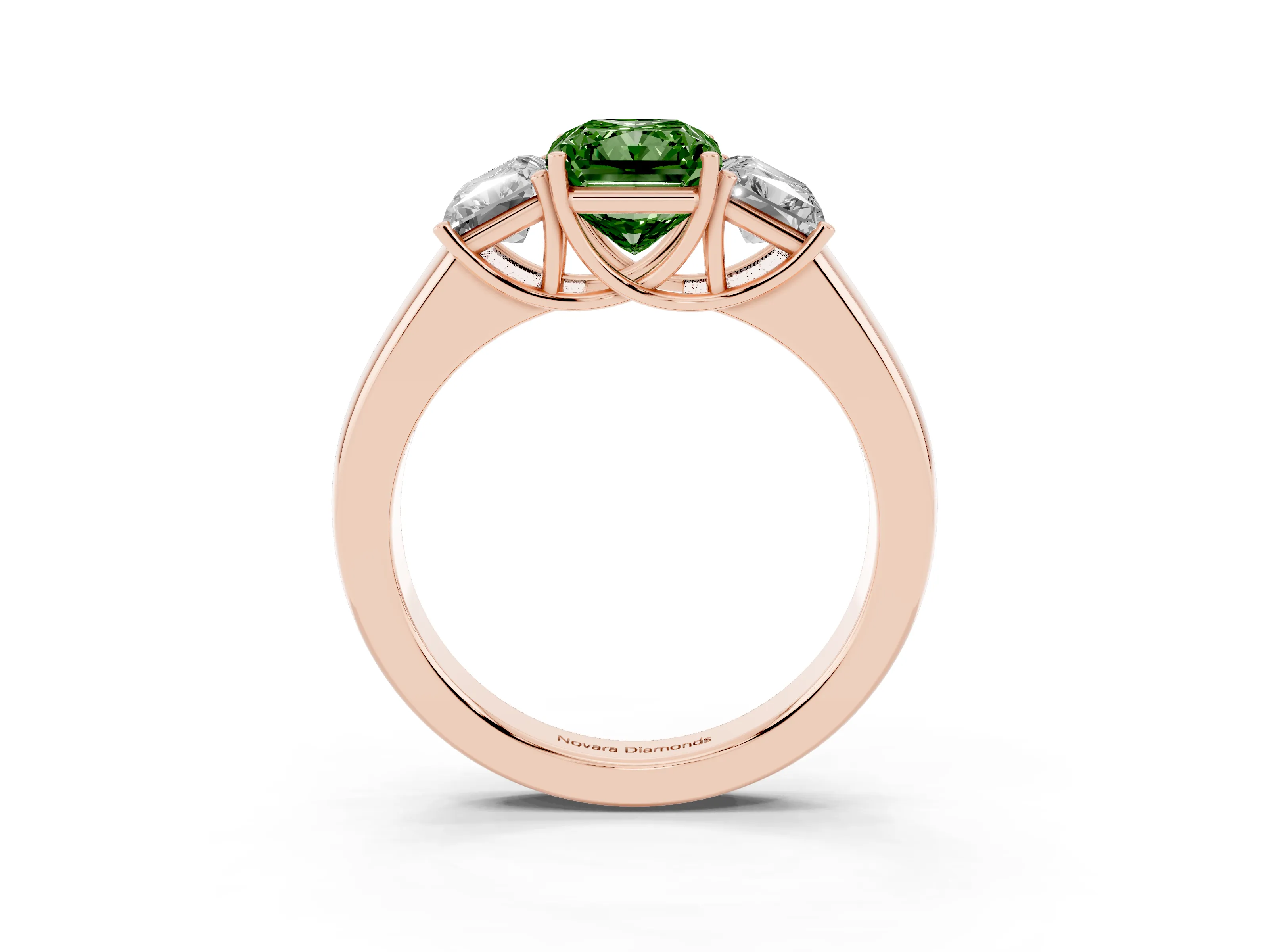Fancy Green Three-Stone Radiant Cut Diamond Ring Set in Rose gold with Matching Prong Settings and Plain Band