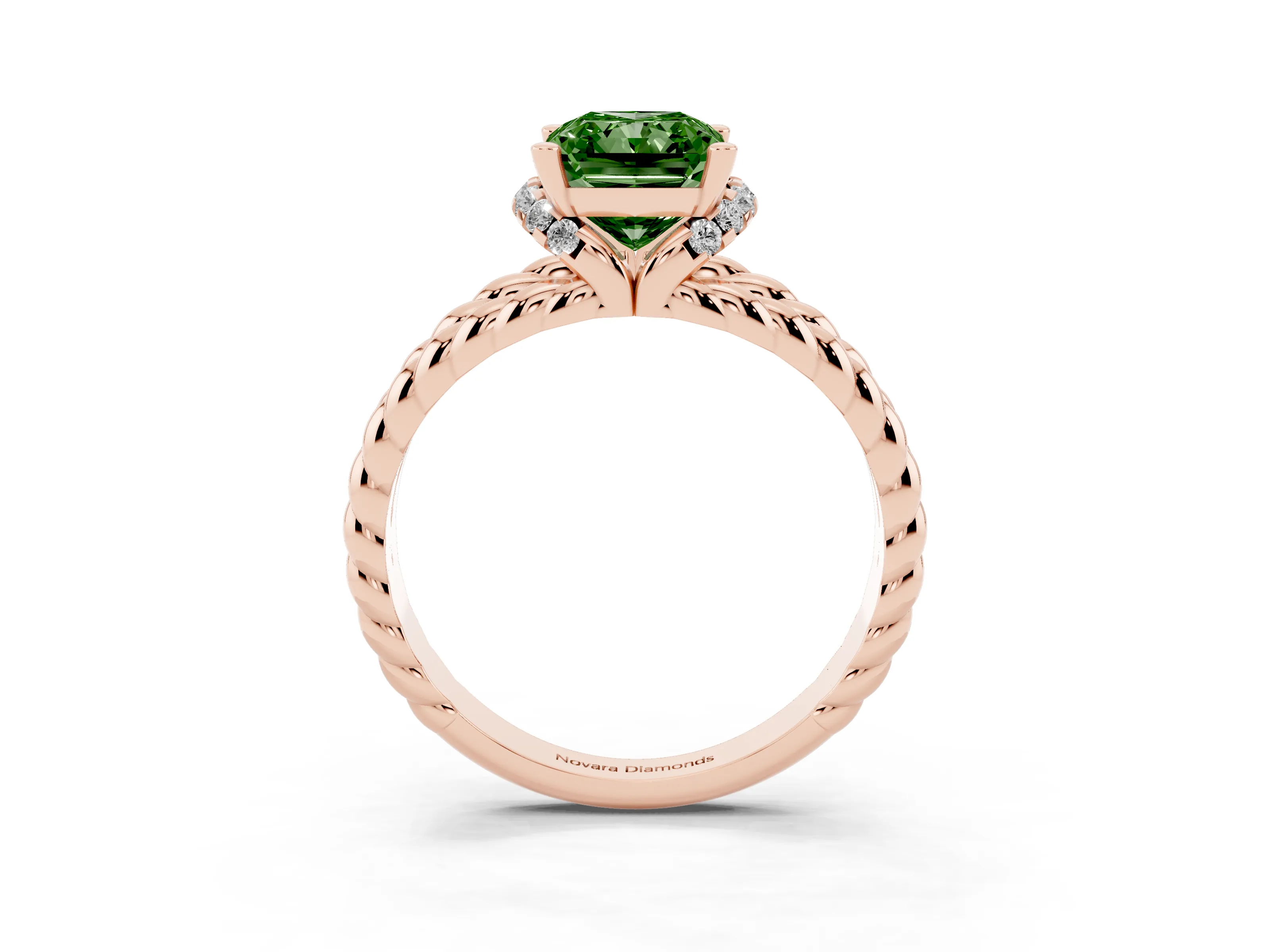Fancy Green Radiant Cut Diamond Halo Ring Set in Rose gold with Twisted Band and Prong Setting