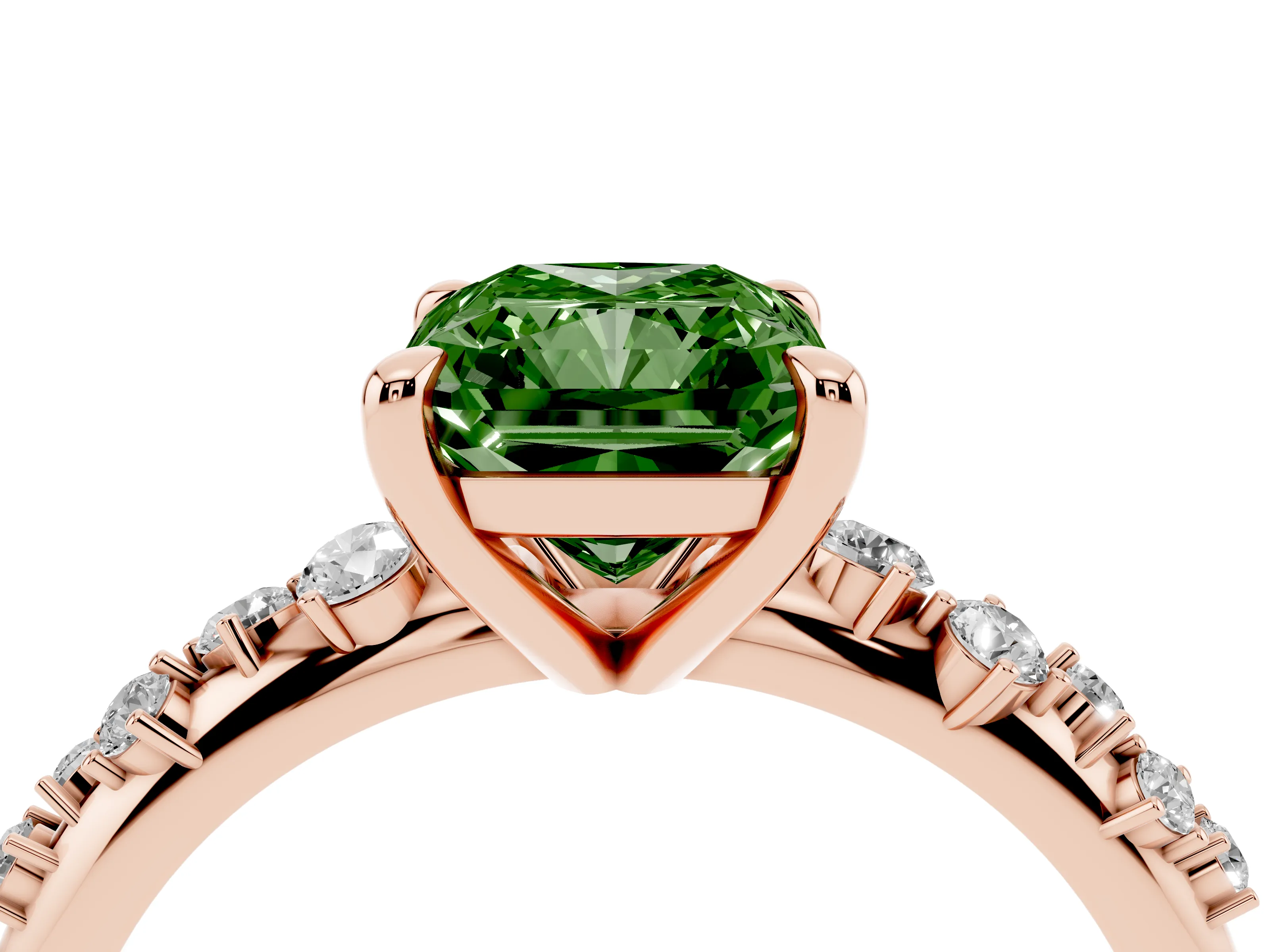 Fancy Green Radiant Cut Diamond Solitaire Vine Band Ring Set in Rose gold with Round Accents and Prong Setting
