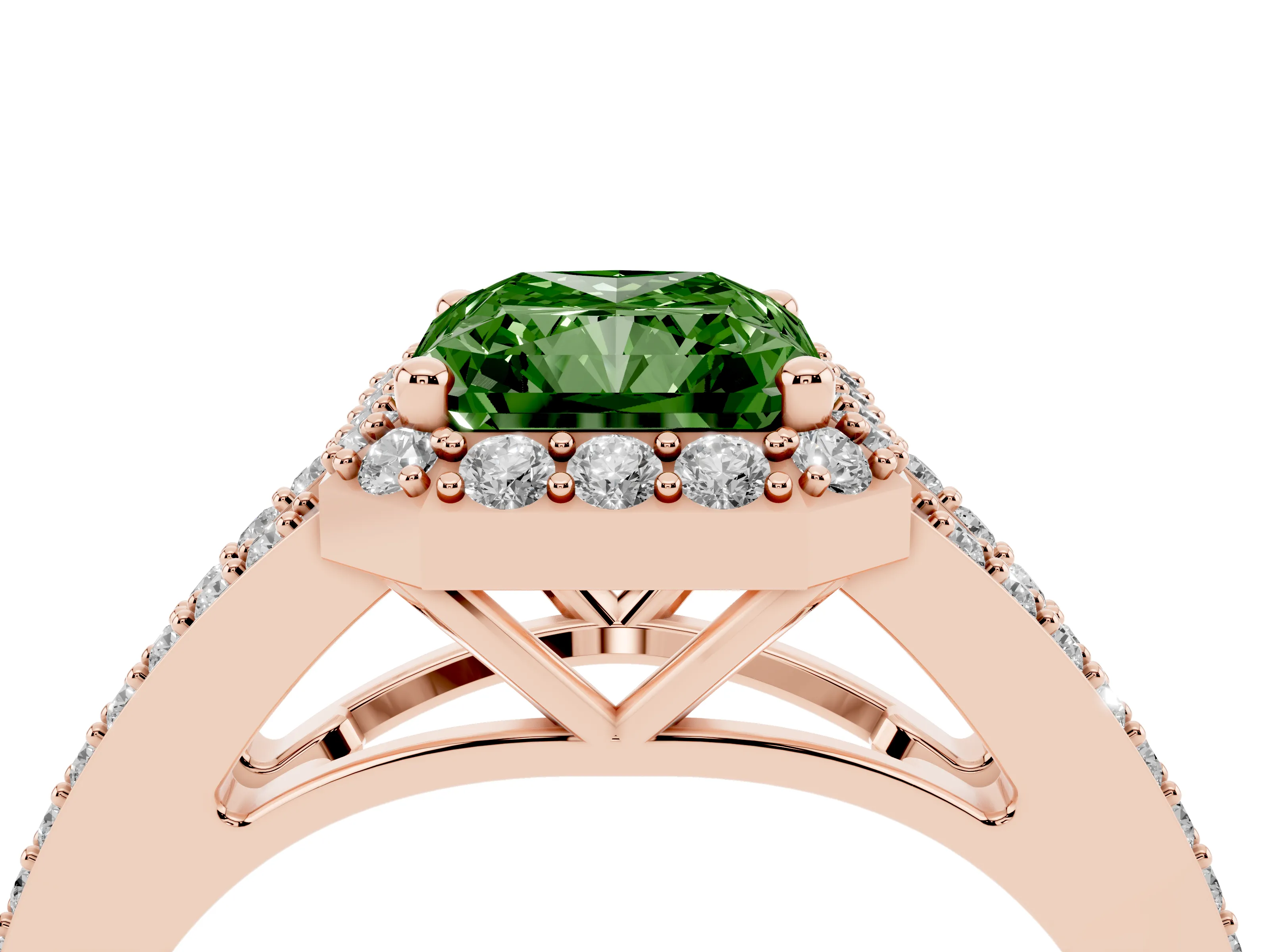 Fancy Green Radiant Cut Diamond Halo Split Shank Pavé Ring Set in Rose gold with Prong Setting