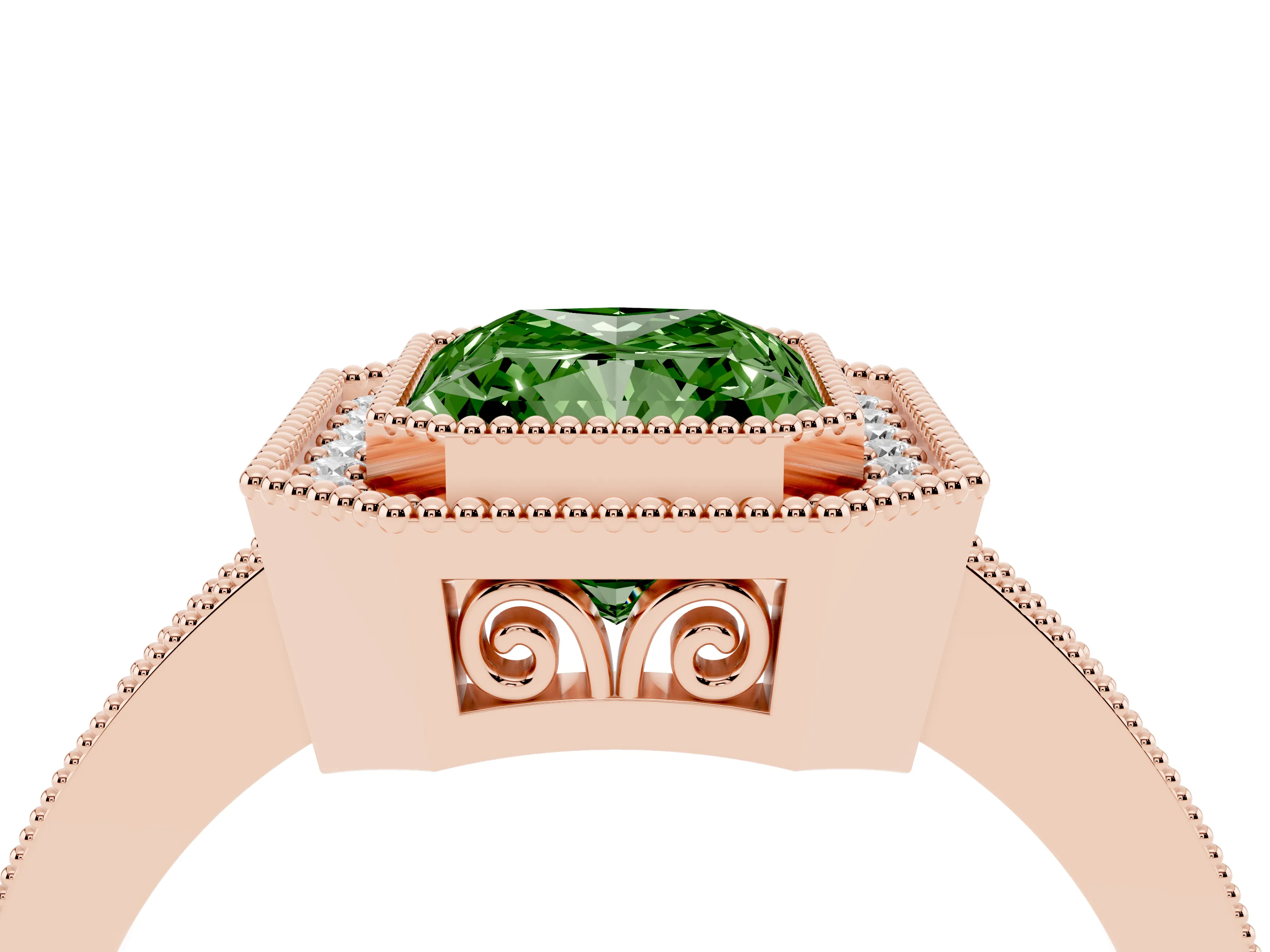Fancy Green Radiant Cut Diamond Halo Ring Set in Rose gold with Pavé Band and Milgrain-Edged Prongs