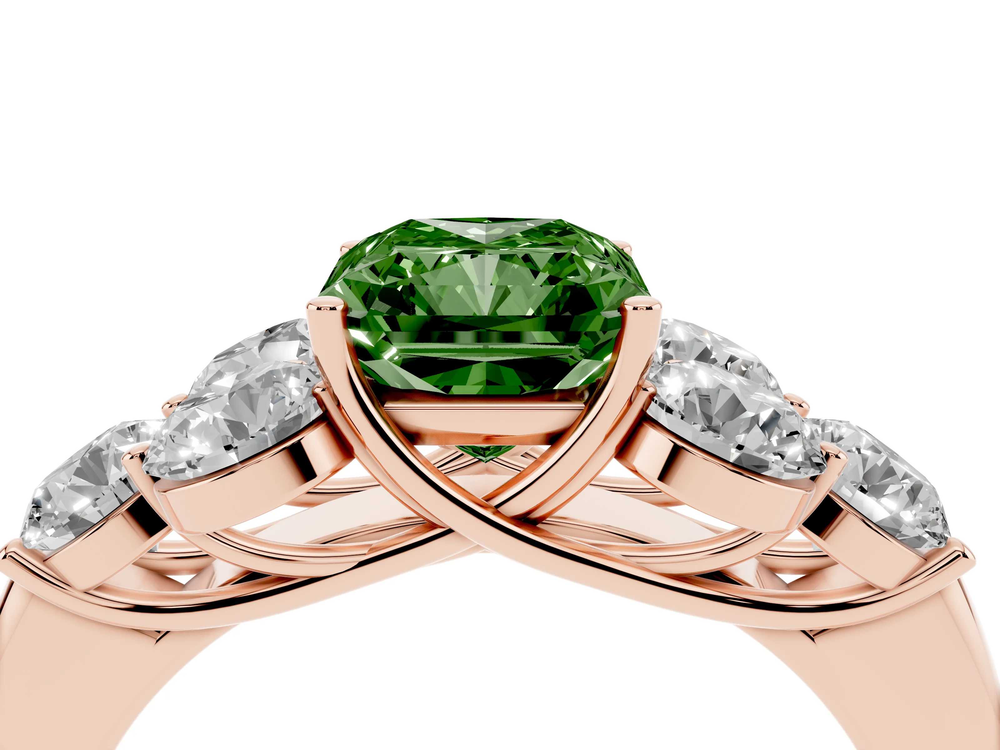 Fancy Green Radiant Cut Diamond Cluster Ring Set in Rose gold with Round Accent Stones and Prong Setting on a Plain Band