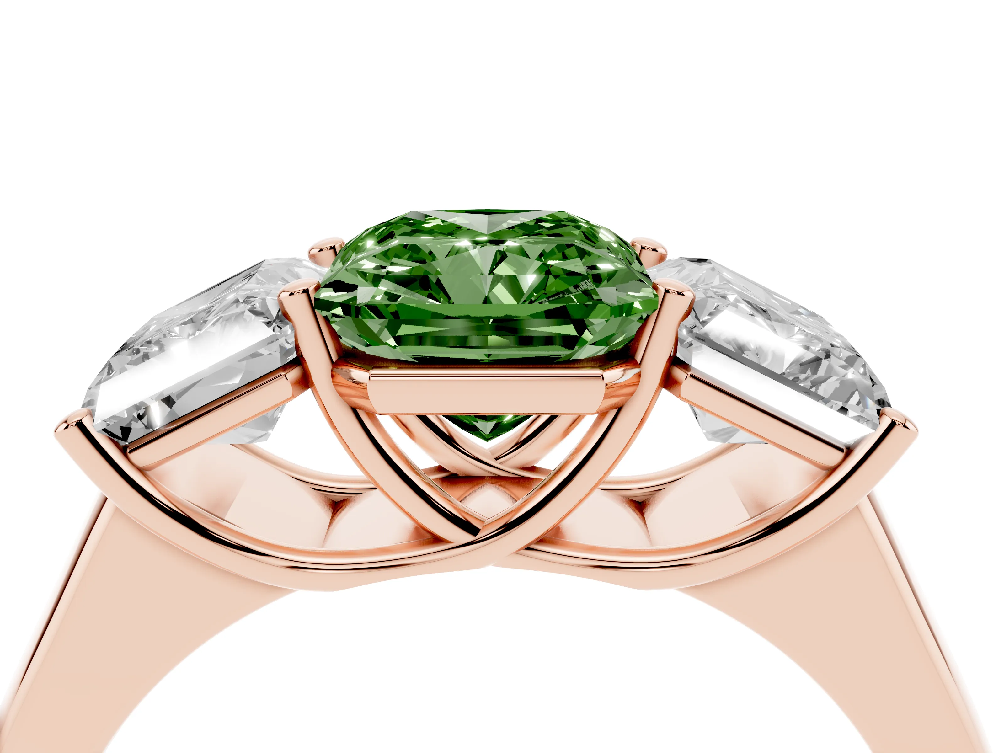 Fancy Green Radiant Cut Diamond Three-Stone Ring Set in Rose gold with Plain Polished Band
