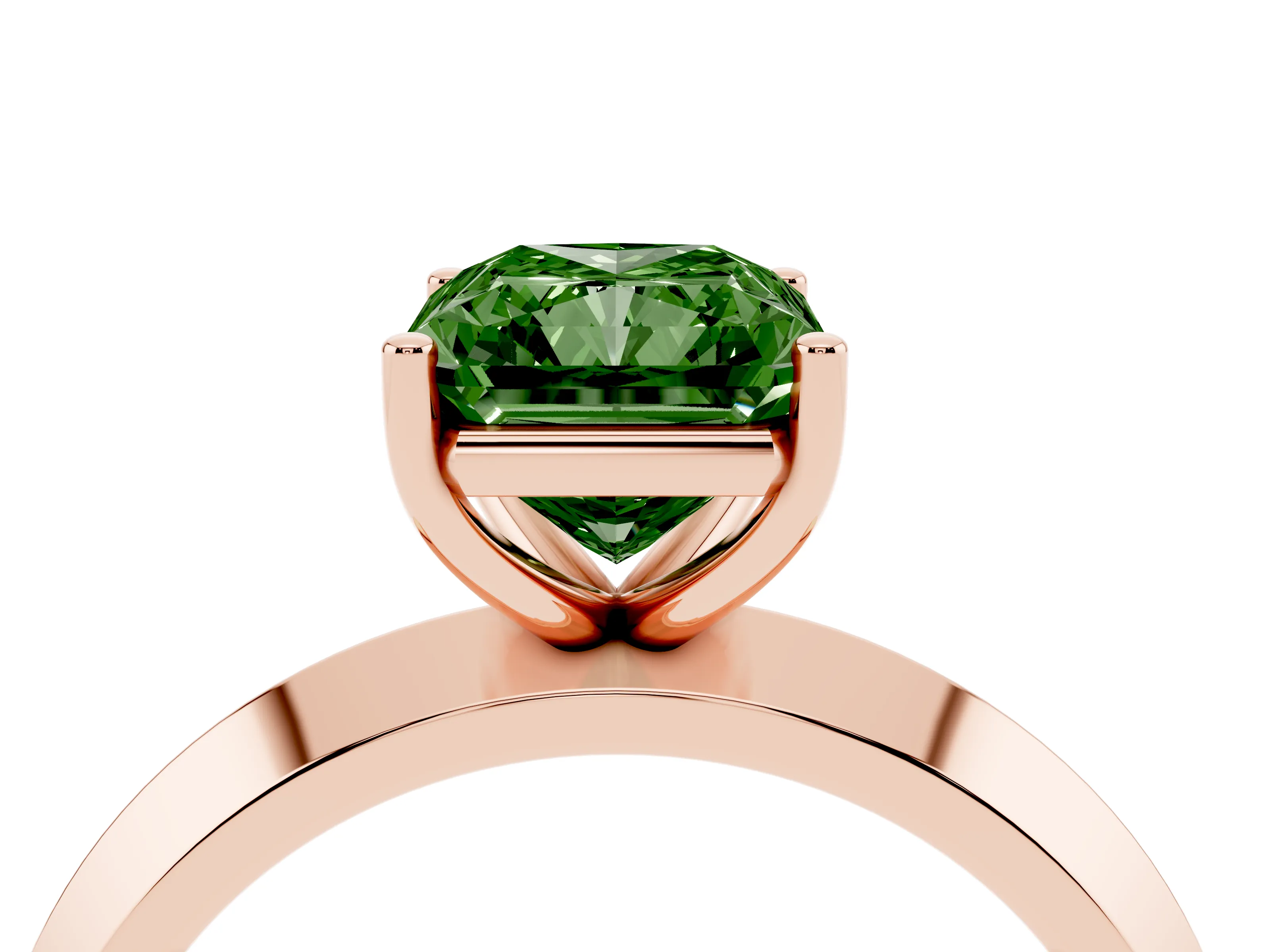 Fancy Green Radiant Cut Diamond Solitaire Engagement Ring Set in Rose gold with Flat Band and Prong Setting