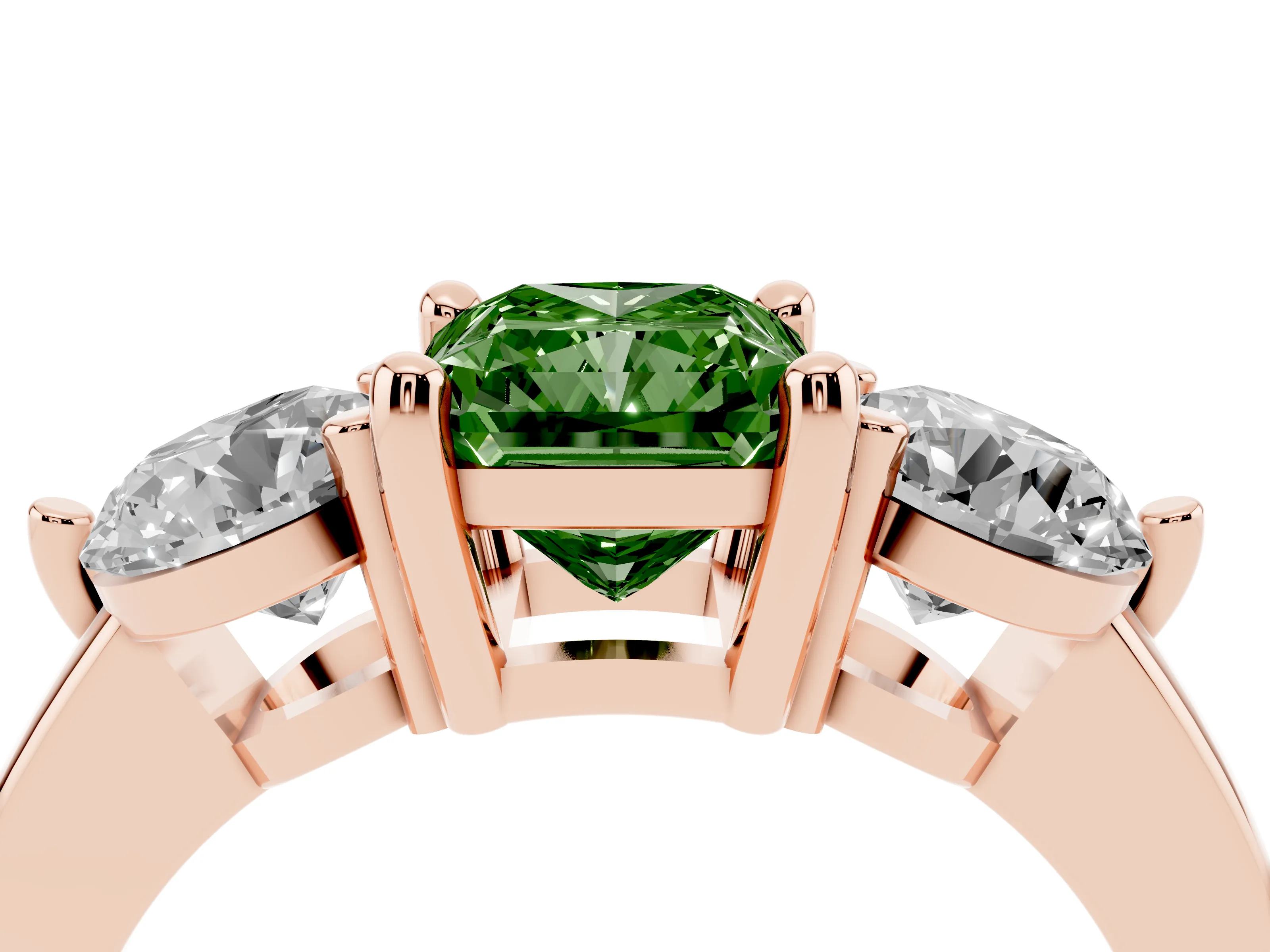 Fancy Green Radiant Cut Diamond Three-Stone Ring Set in Rose gold with Prong Setting and Classic Band