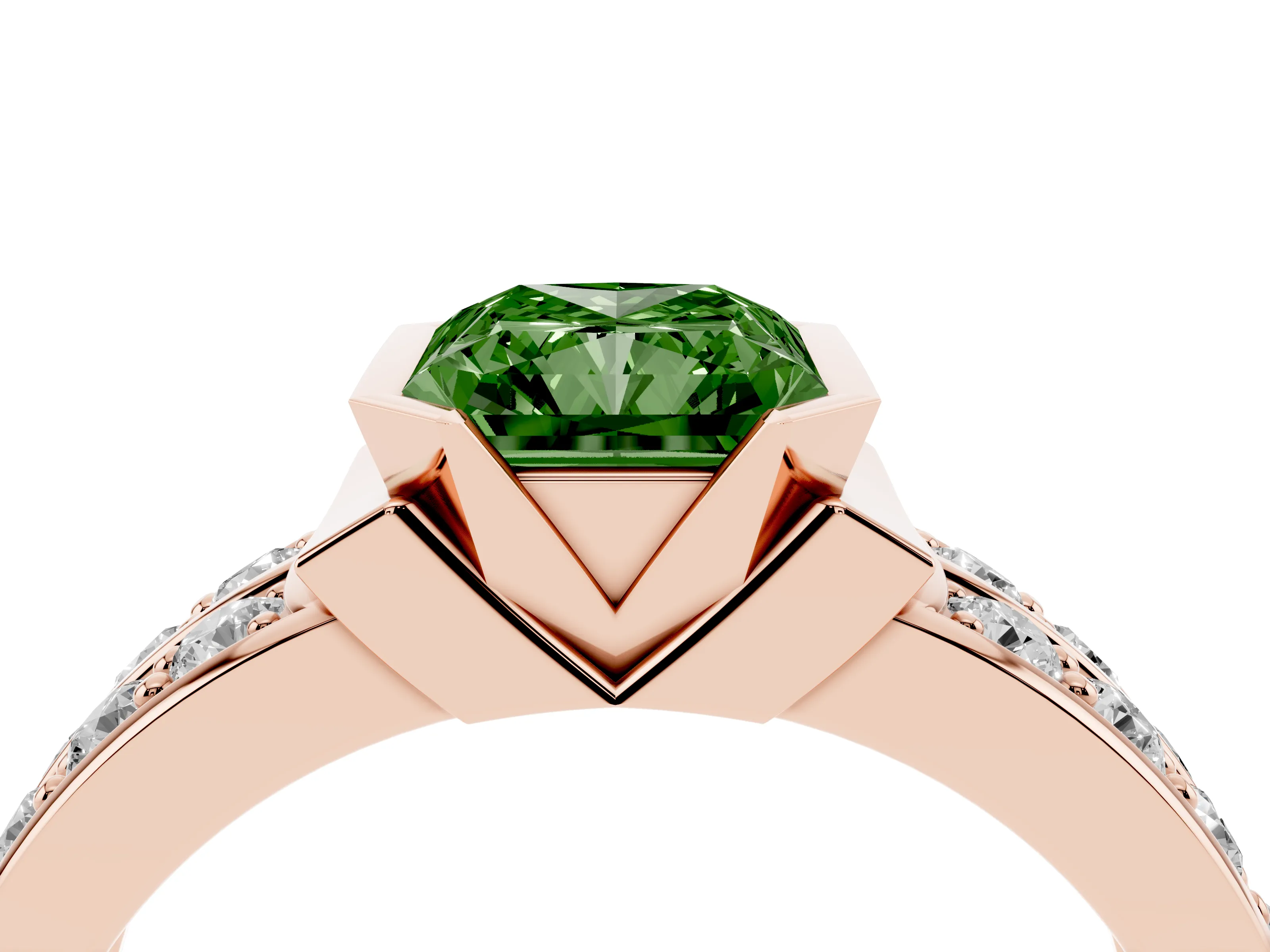 Fancy Green Radiant Cut Diamond Wide Channel Set Band Ring Set in Rose gold with Bezel Setting
