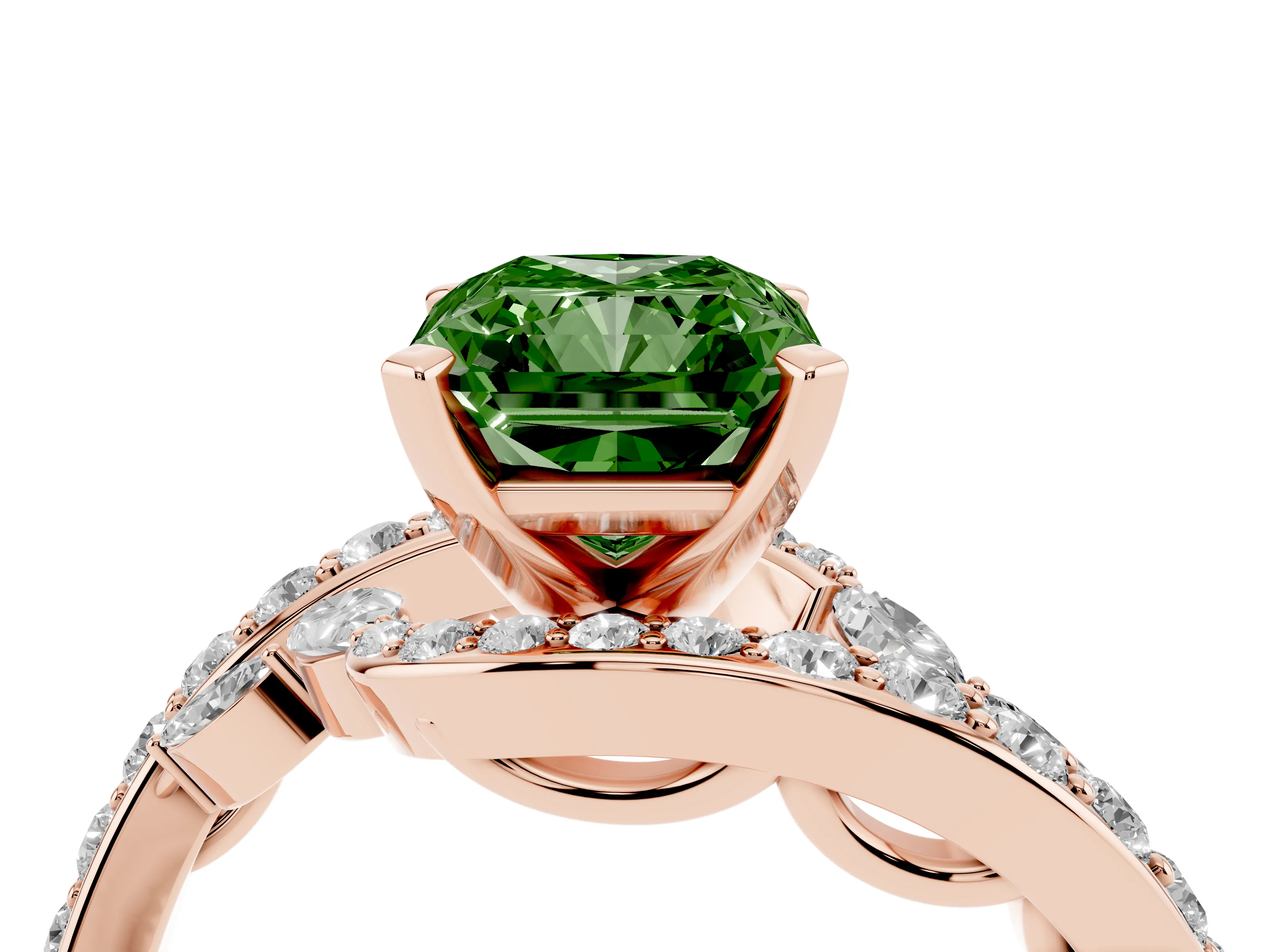 Fancy Green Radiant Cut Diamond Solitaire Ring Set in Rose gold with Pavé Twist Band and Secure Prong Setting