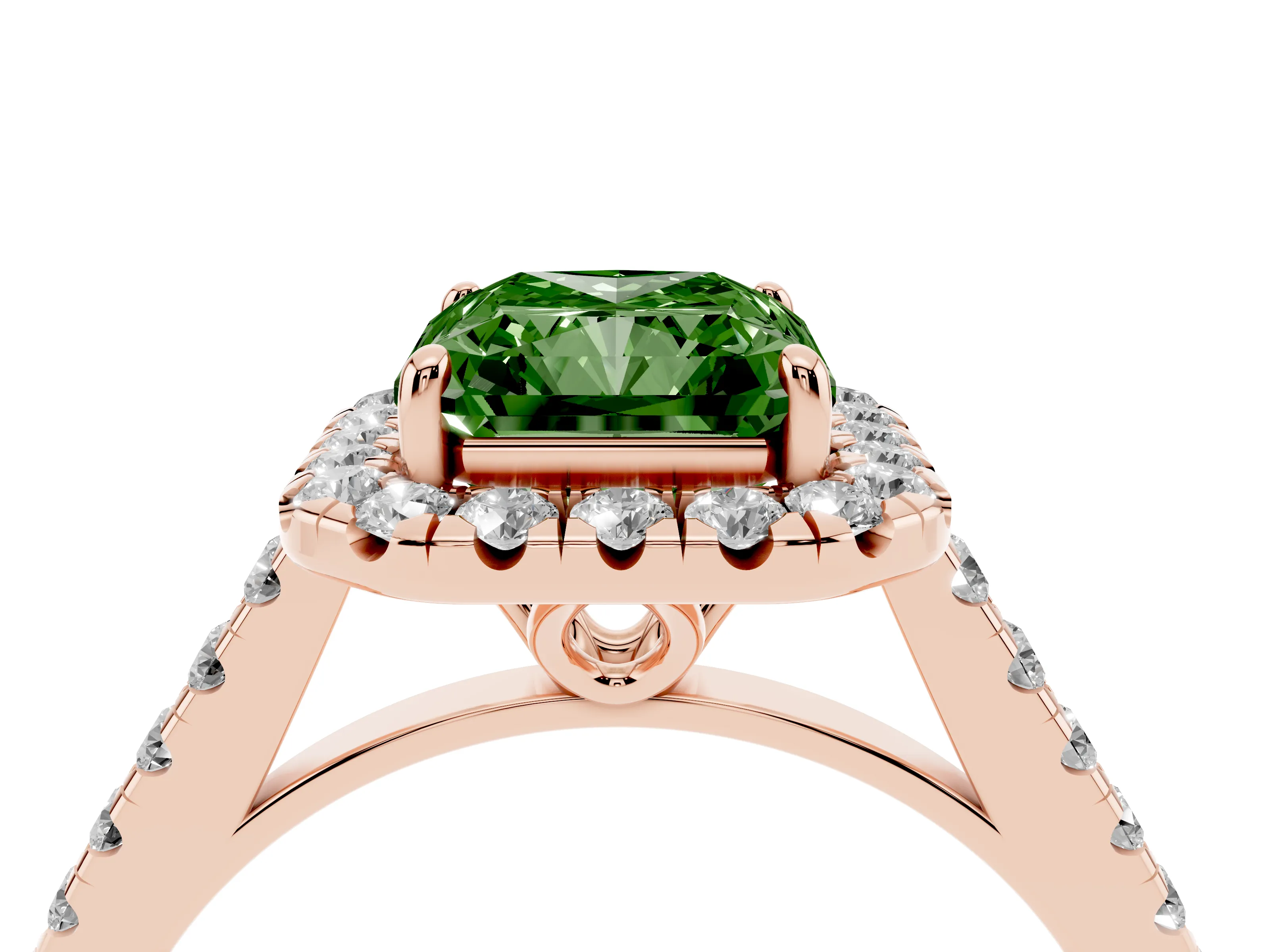 Fancy Green Radiant Cut Diamond Pavé Halo Engagement Ring Set in Rose gold with Pavé Band and Prong Setting