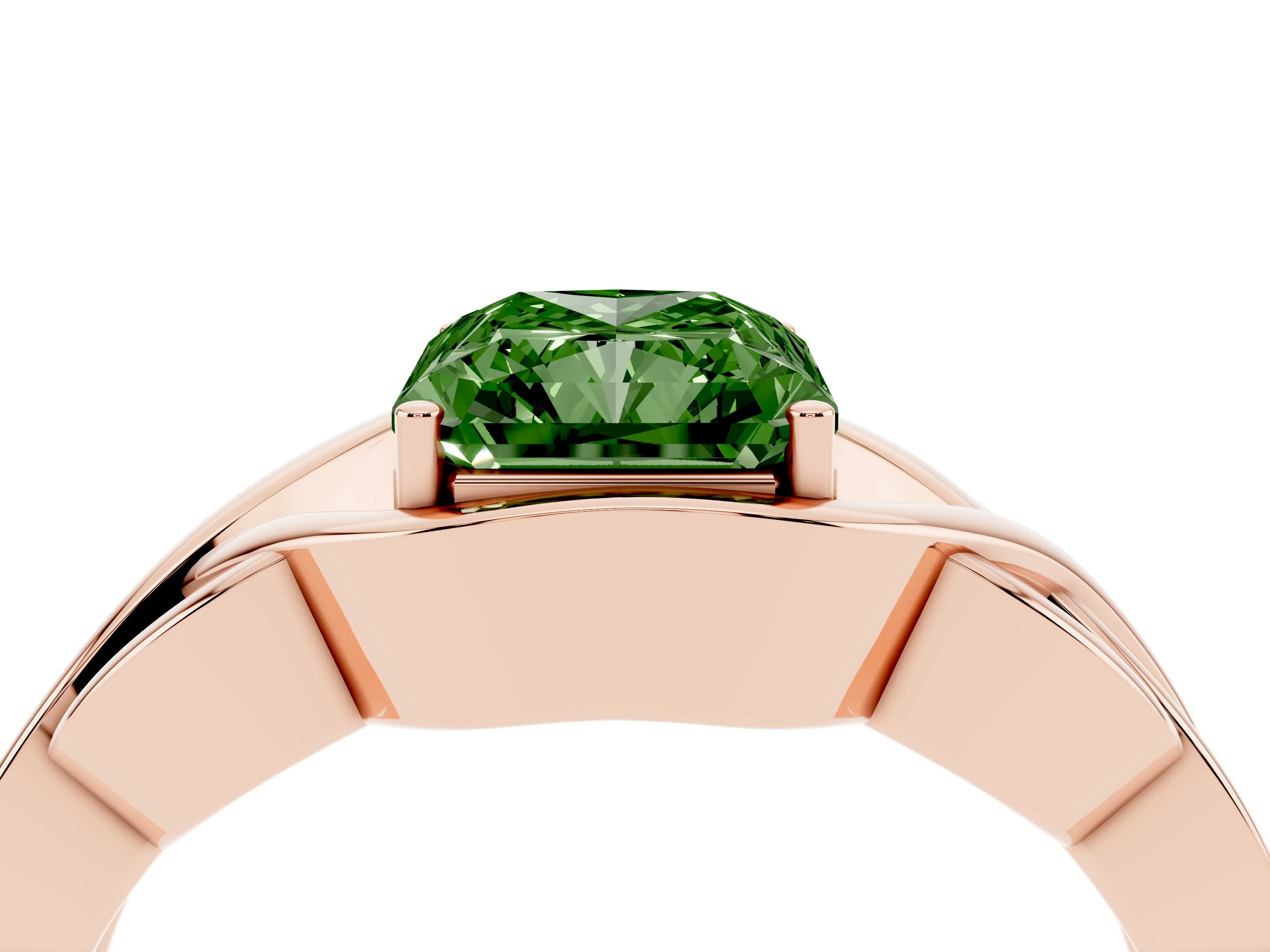 Fancy Green Radiant Cut Diamond Solitaire Ring Set in Rose gold with Intertwined Band
