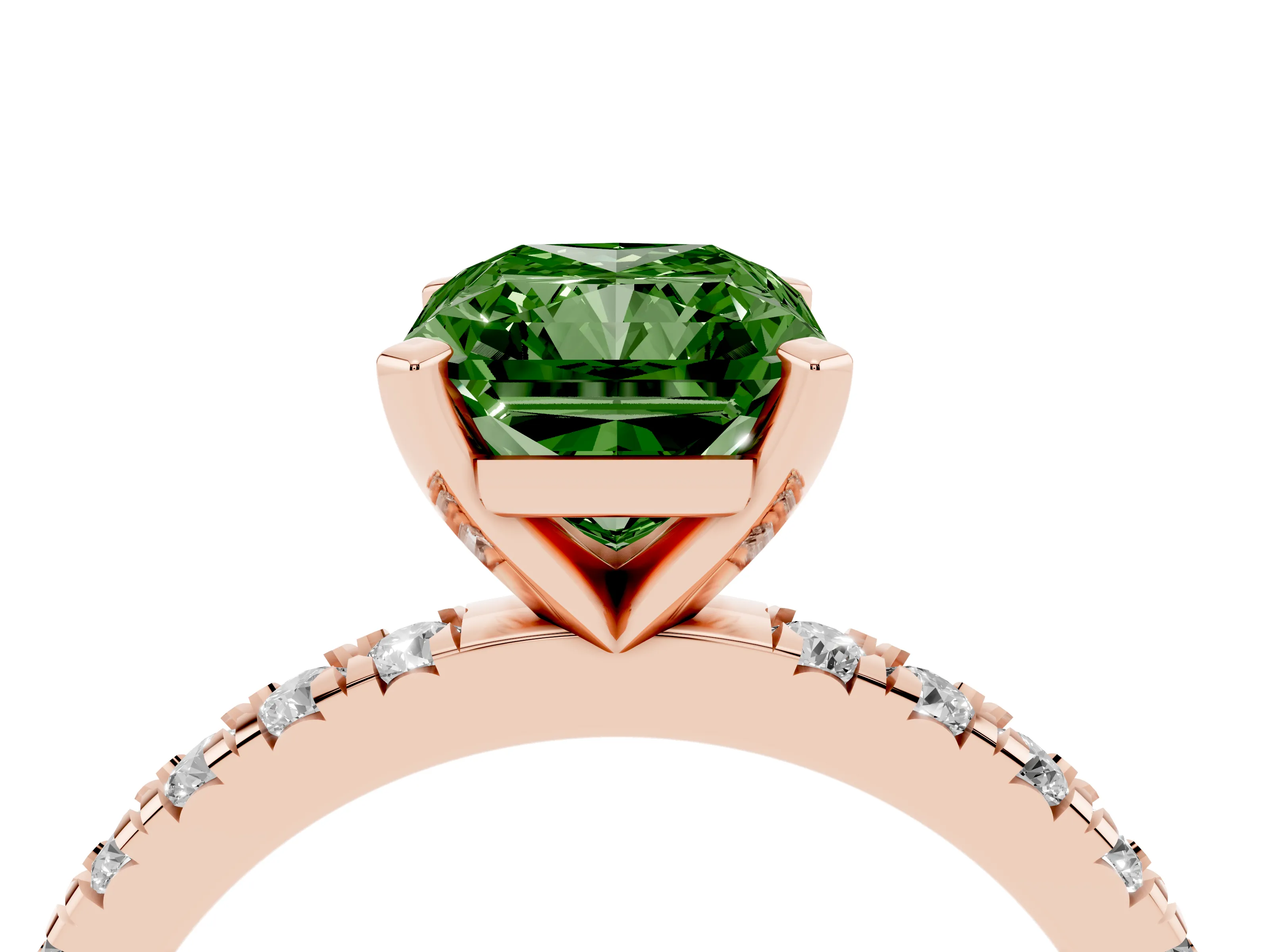 Fancy Green Radiant Cut Diamond Pavé Band Solitaire Set in Rose gold with Prong Setting