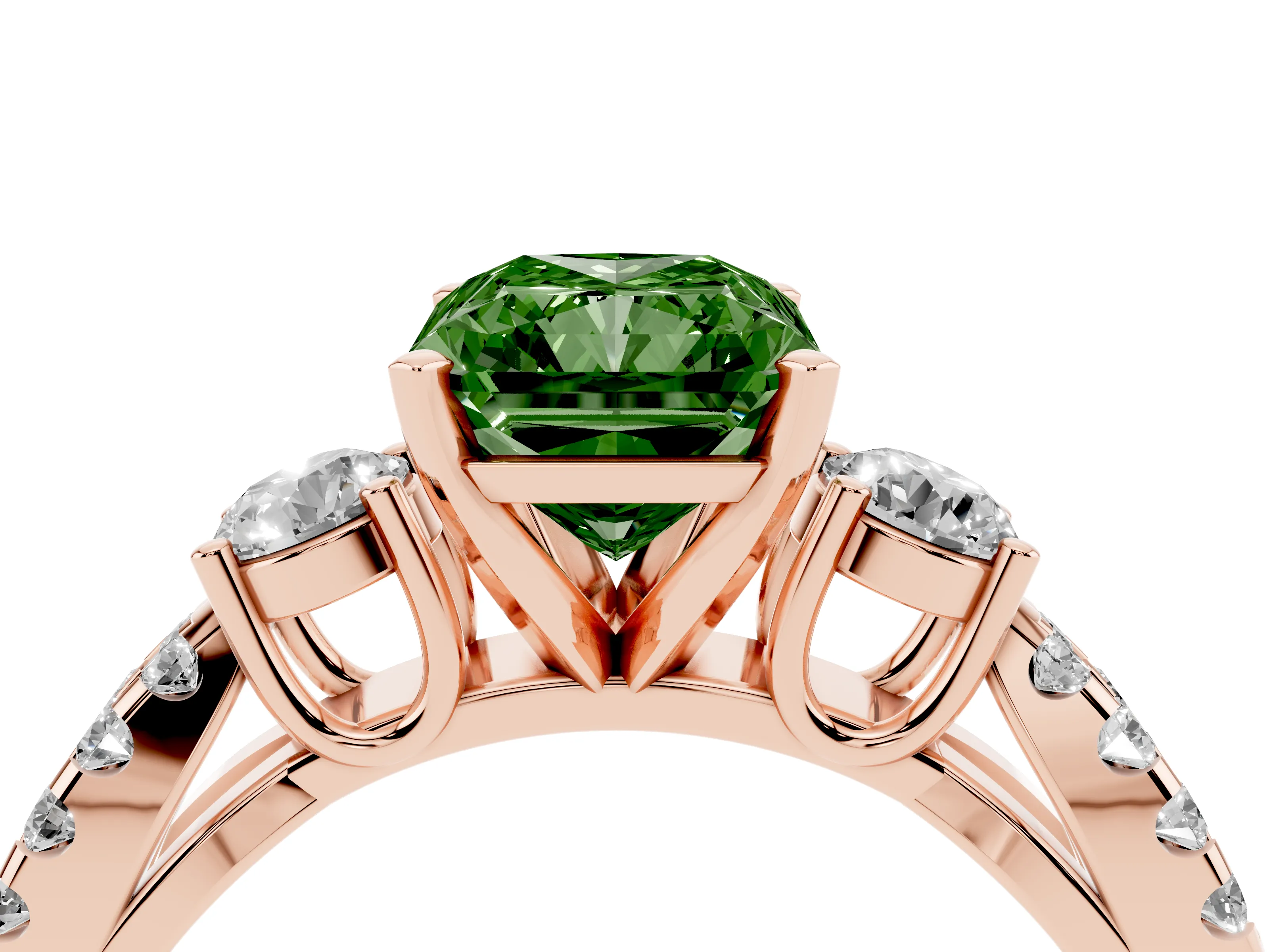 Fancy Green Radiant Cut Diamond Three-Stone Ring Set in Rose gold with Pavé Split Shank and Prong Setting