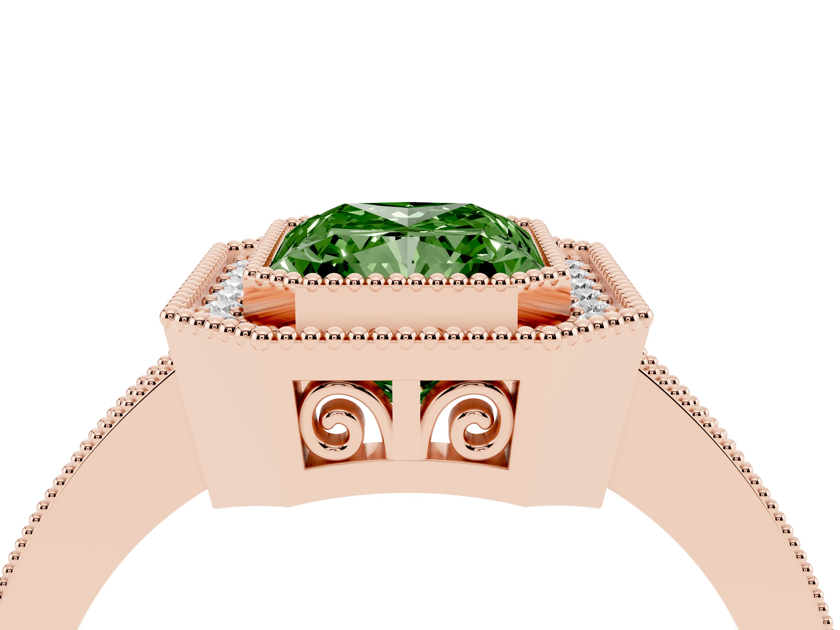 Fancy Green Radiant Cut Diamond Round Halo Ring Set in Rose gold with Pavé Band