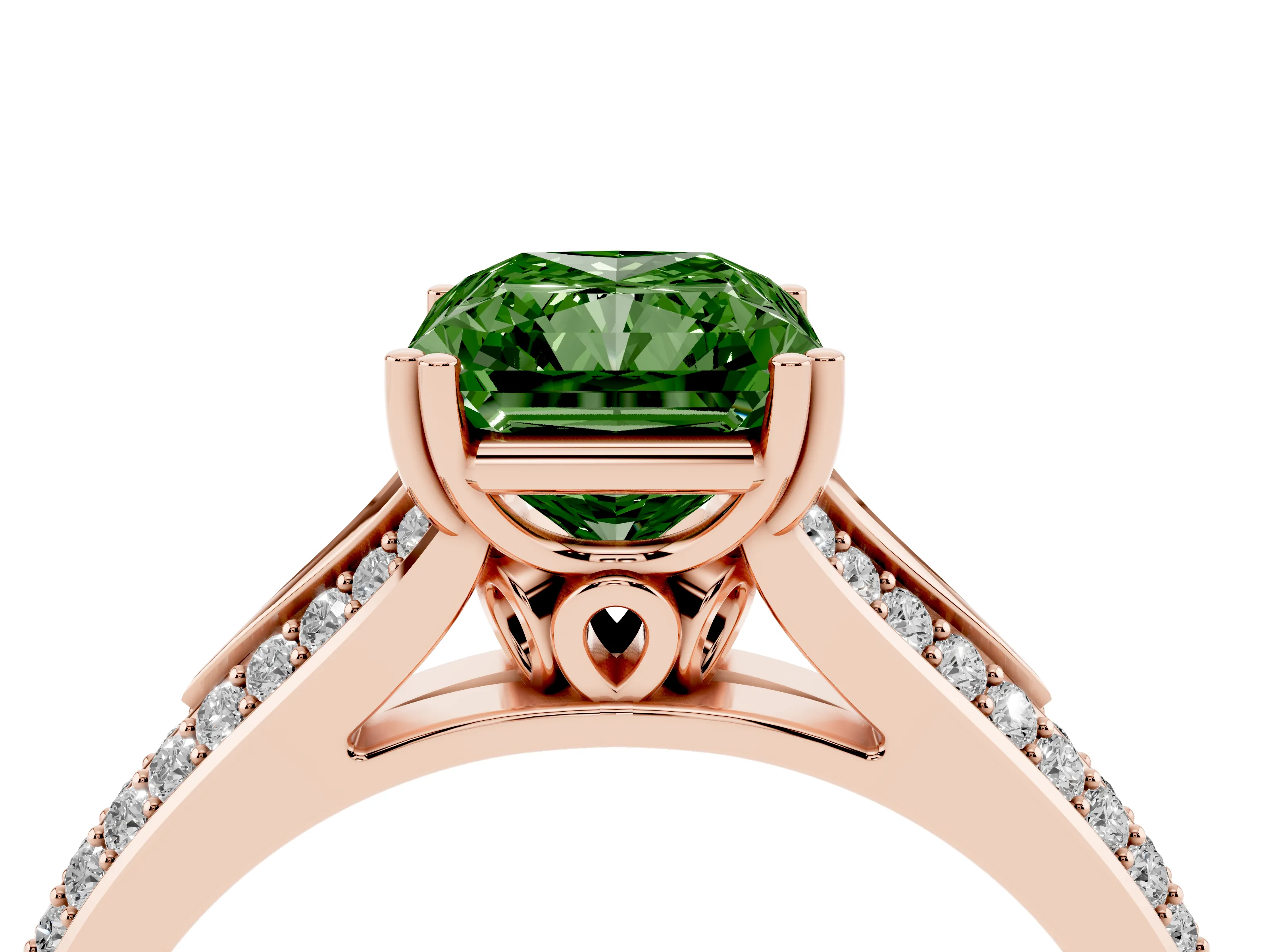Fancy Green Radiant Cut Diamond Split Shank Pavé Engagement Ring Set in Rose gold with Prong-Set Center Stone