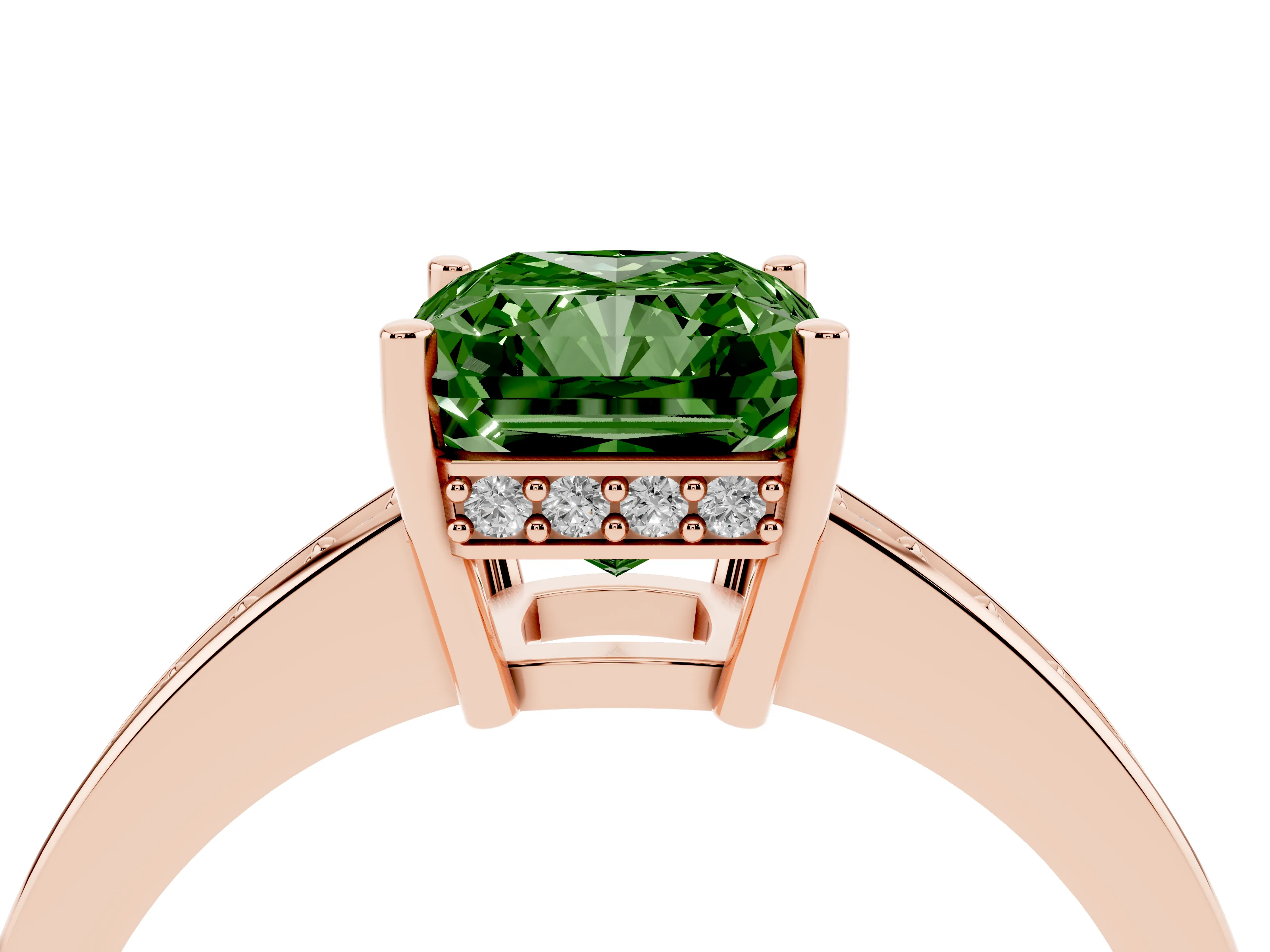 Fancy Green Radiant Cut Diamond Pavé Band Prong Set Solitaire Ring Set in Rose gold