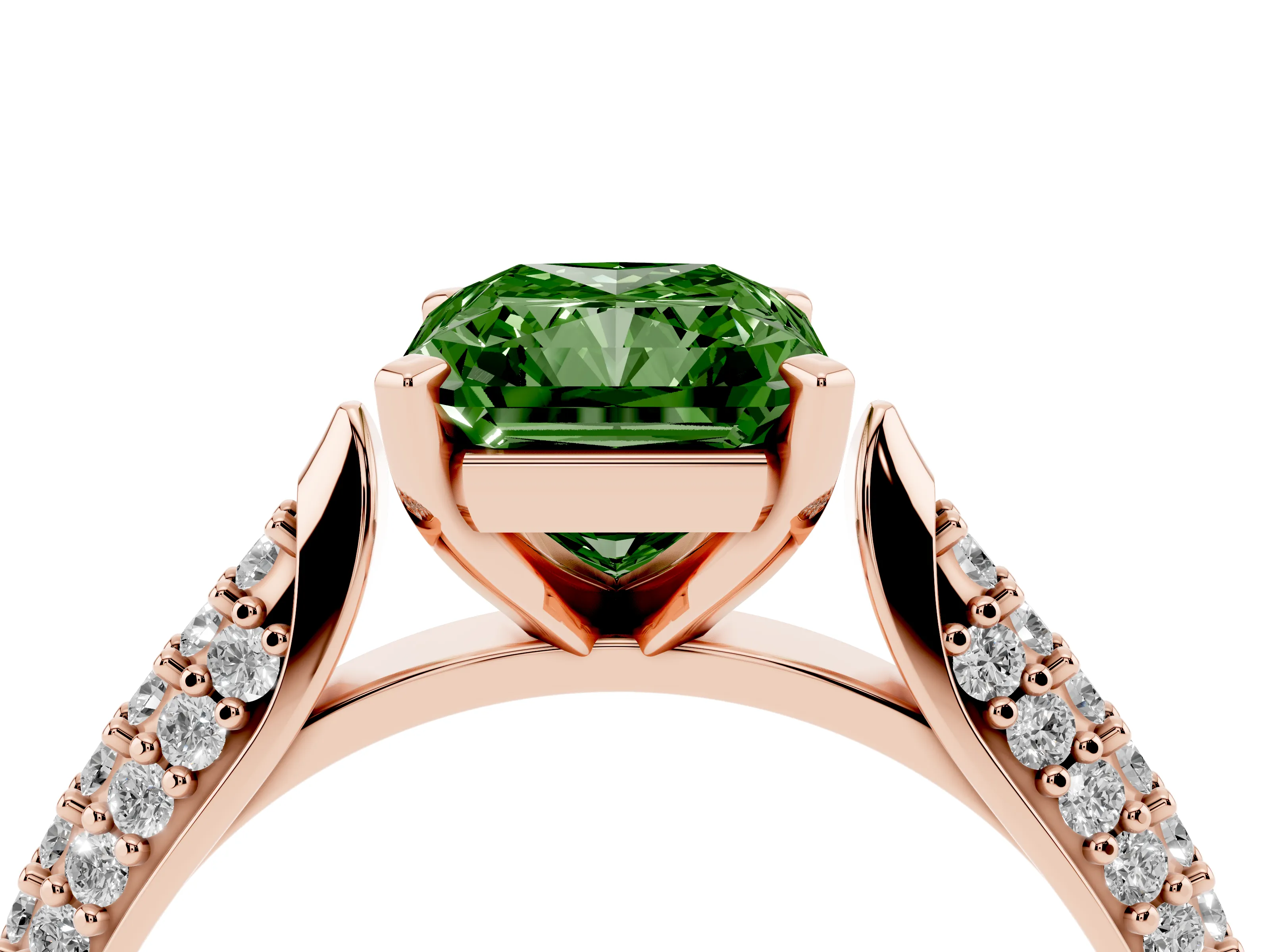 Fancy Green Radiant Cut Diamond Solitaire Engagement Ring Set in Rose gold with Multi-Row Round Pavé Band and Prong Setting