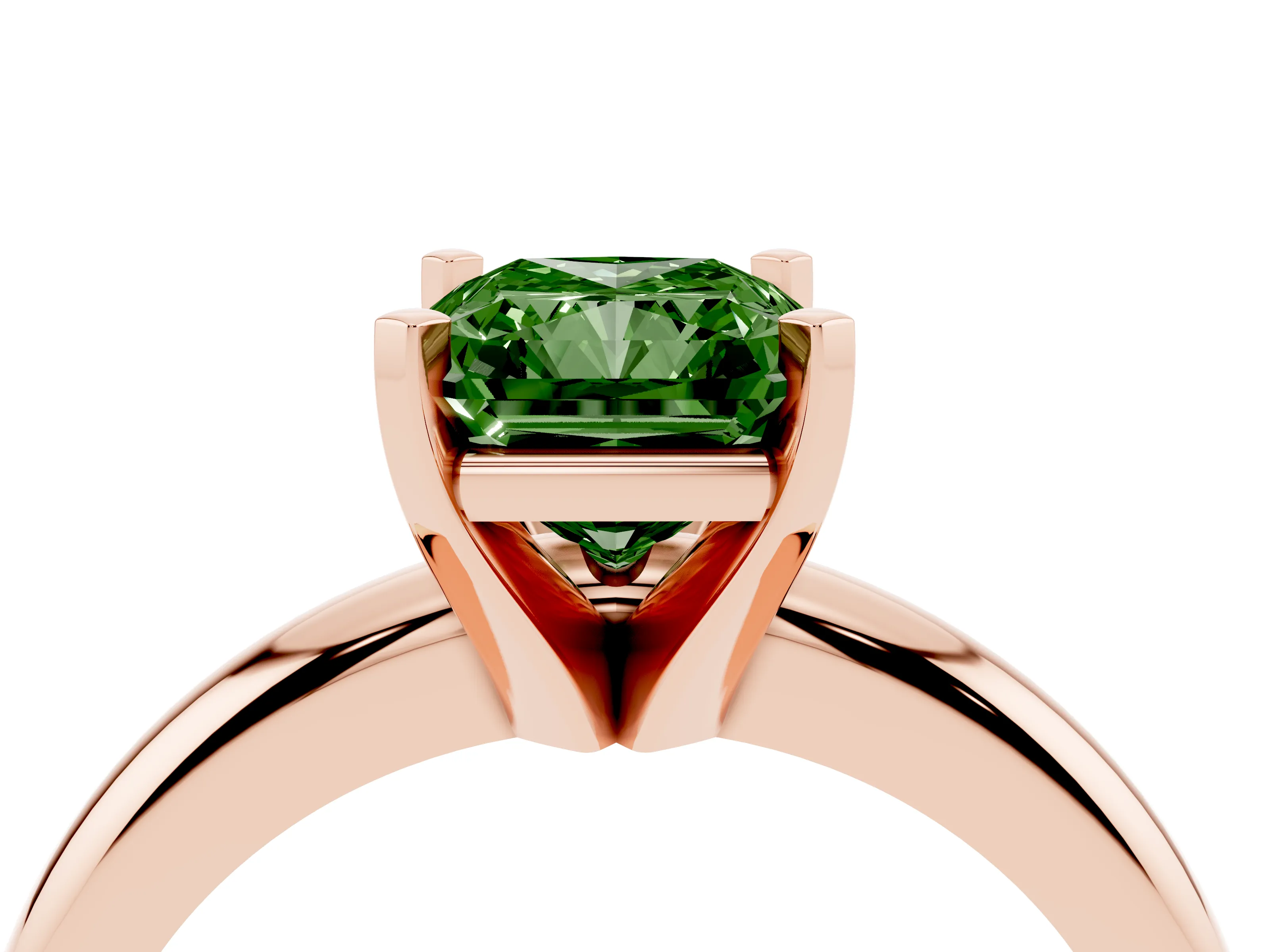 Fancy Green Radiant Cut Diamond Solitaire Engagement Ring Set in Rose gold with Round Band and Prong Setting