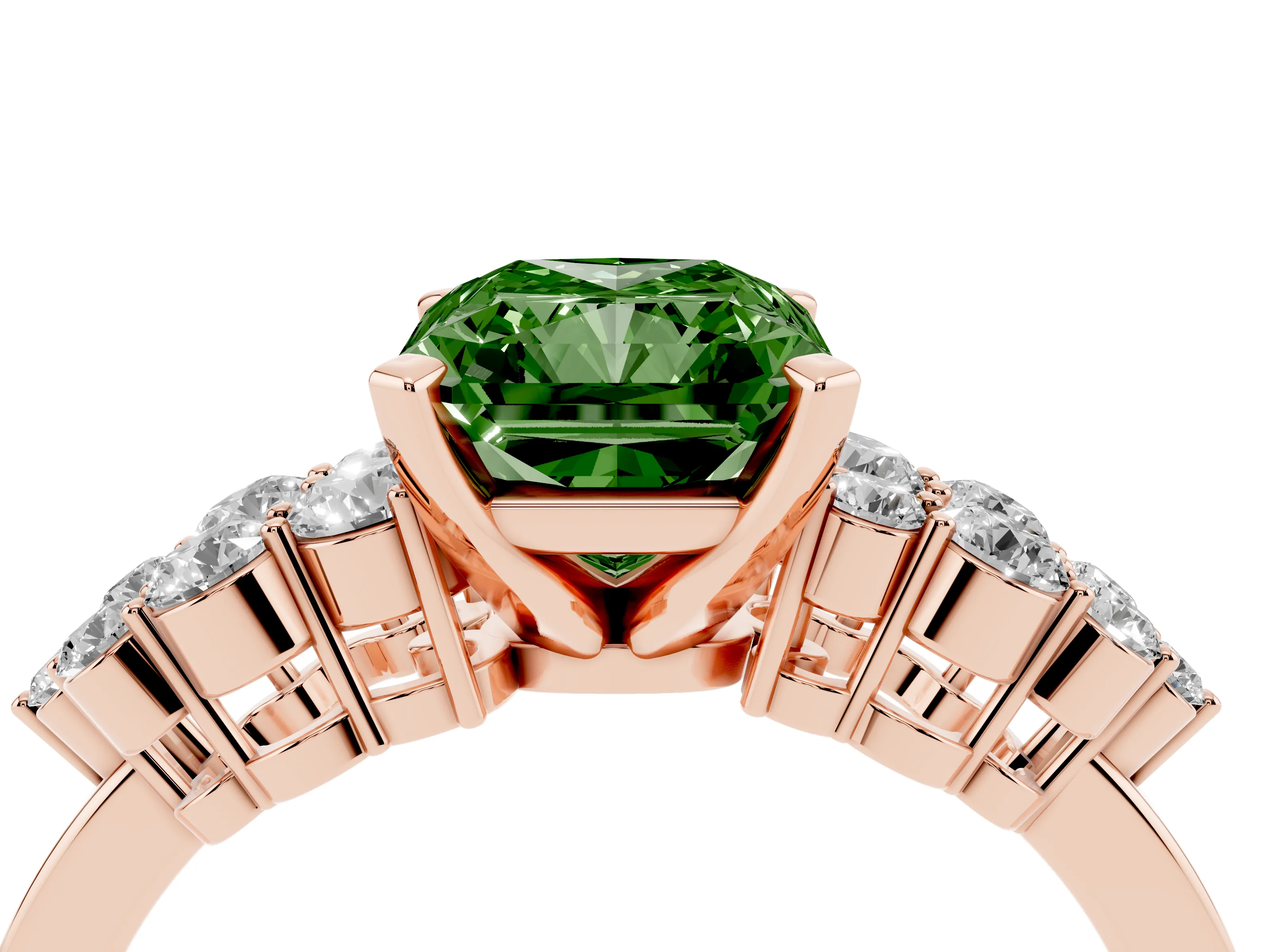 Fancy Green Radiant Cut Diamond Cluster Engagement Ring Set in Rose gold with Pavé Band and Prong Setting