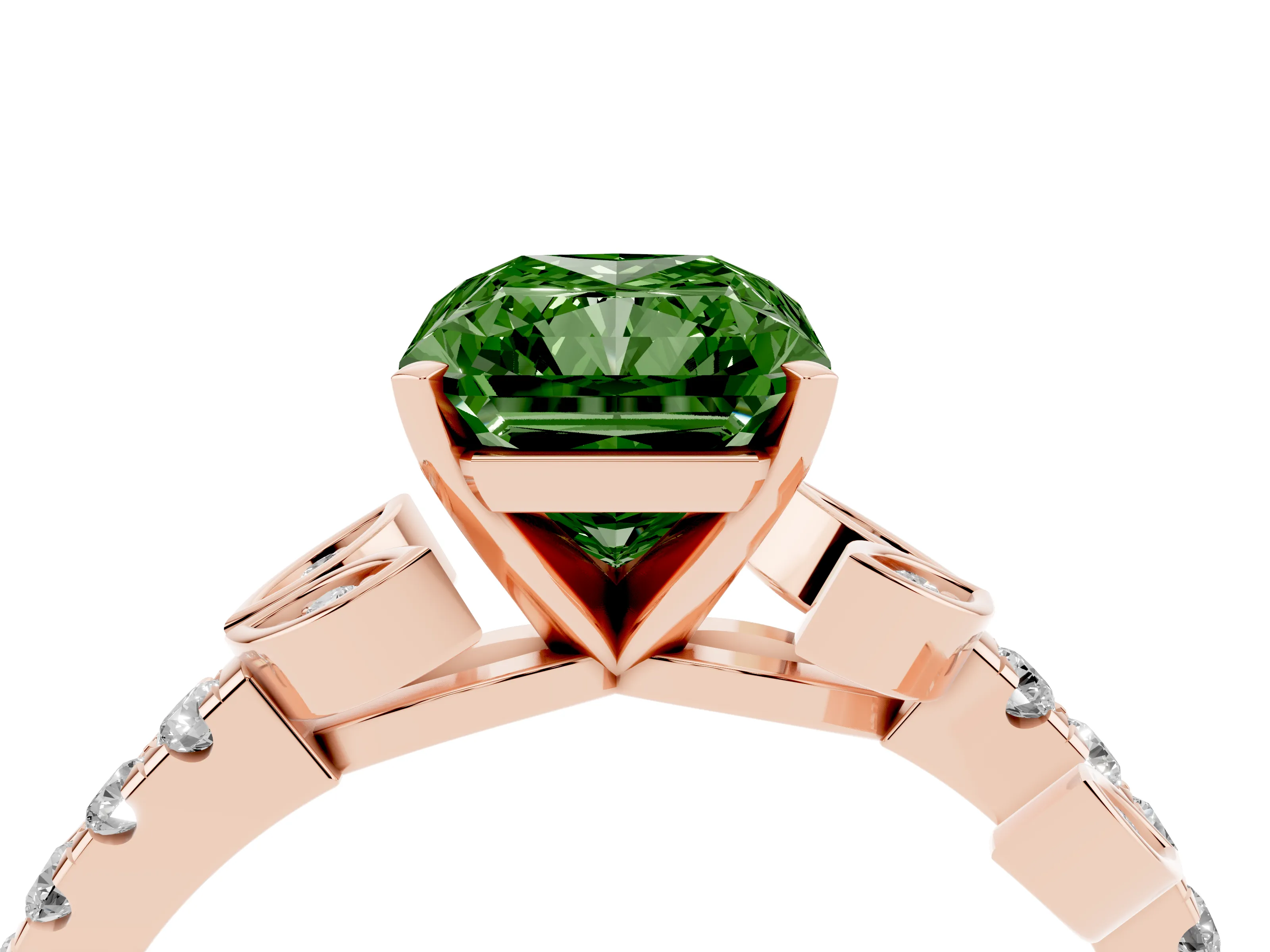 Fancy Green Radiant Cut Diamond Solitaire Leaf-Inspired Ring Set in Rose gold with Pavé Band and Prong Setting