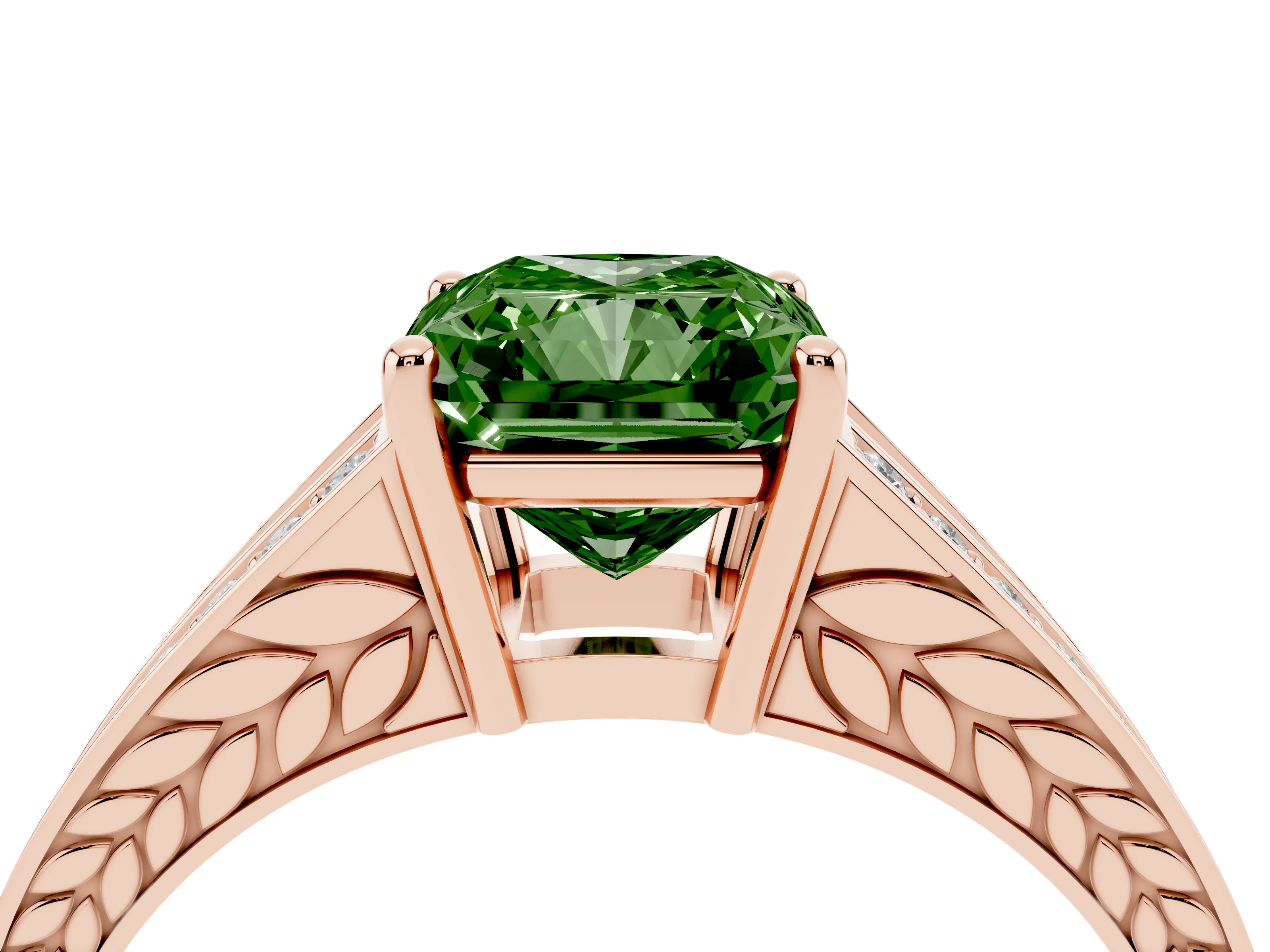 Fancy Green Radiant Cut Diamond Split Shank Ring Set in Rose gold with Pavé Band and Prong Setting