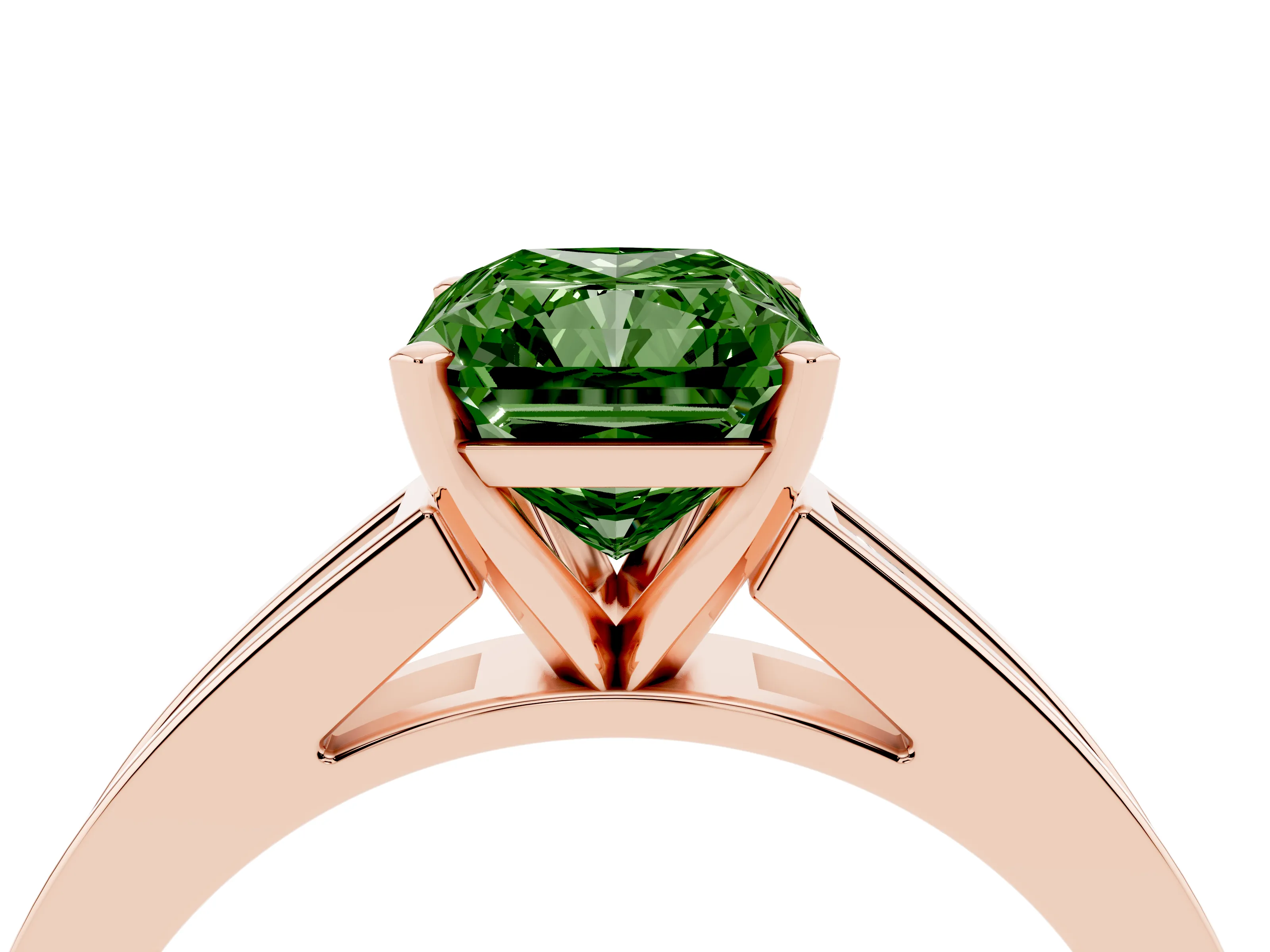 Fancy Green Radiant Cut Diamond Solitaire Ring Set in Rose gold with Channel-Set Band and Prong Setting