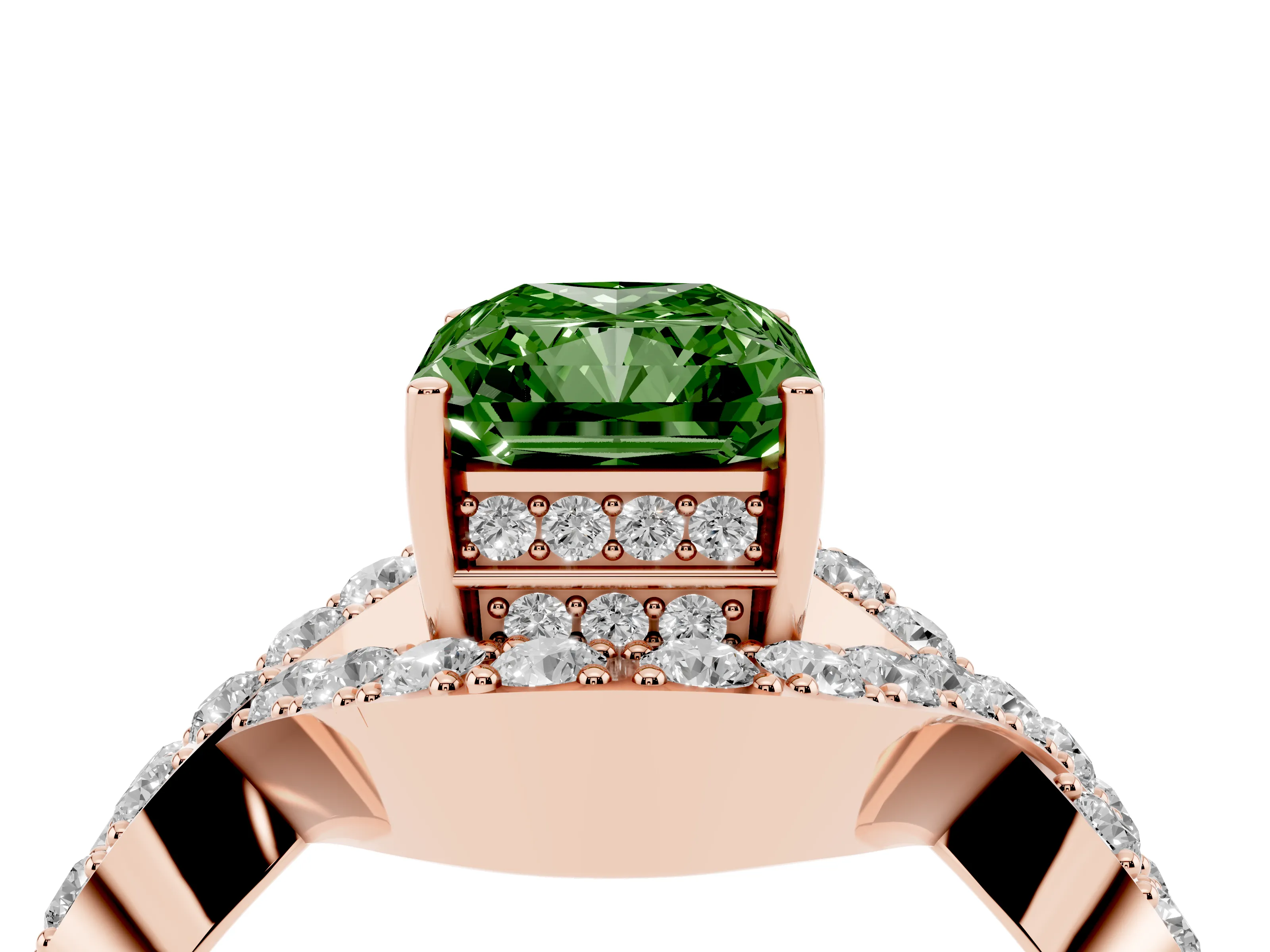 Fancy Green Radiant Cut Diamond Solitaire Twist Band Pavé Engagement Ring Set in Rose gold