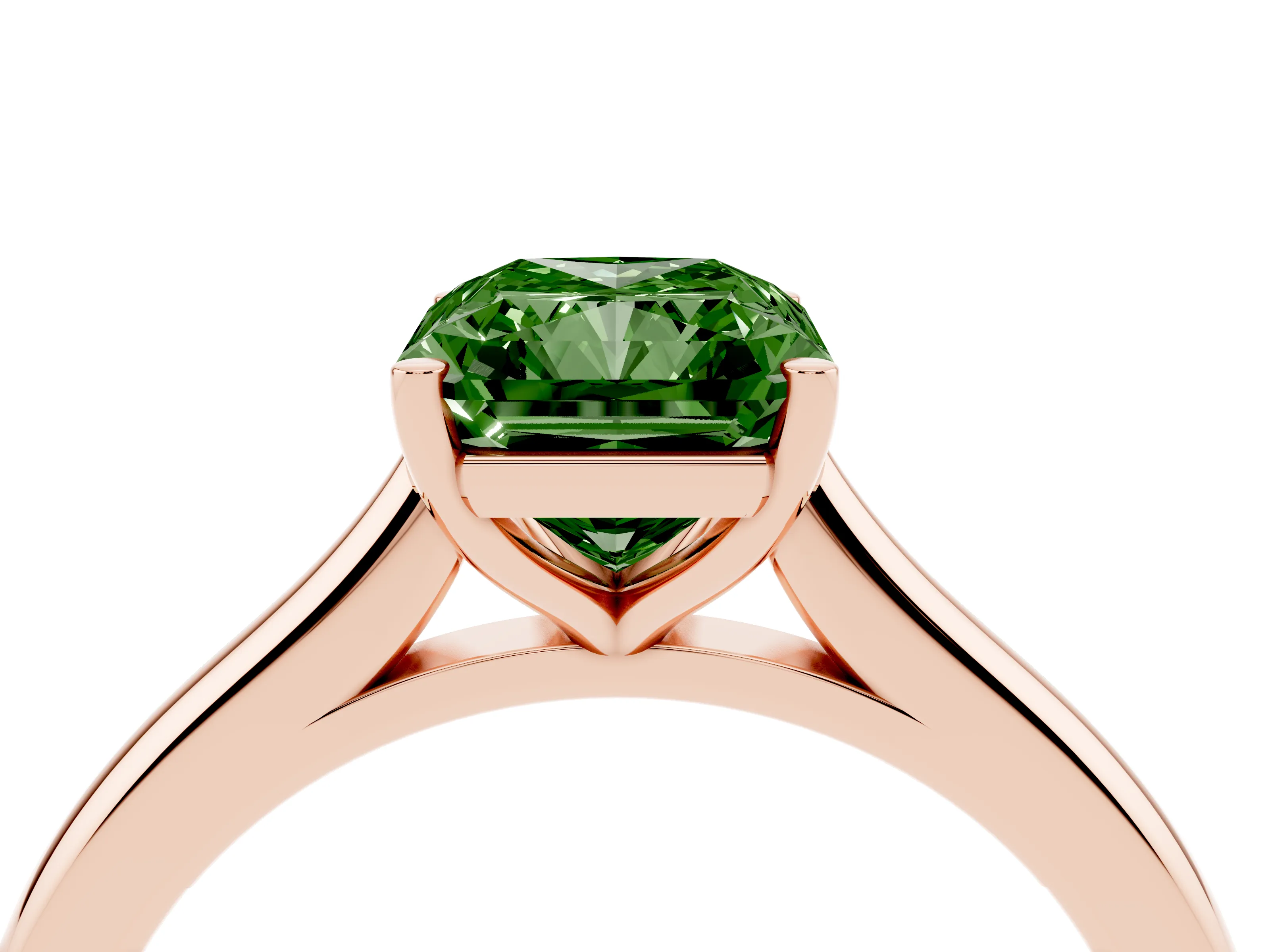 Fancy Green Radiant Cut Diamond Solitaire Ring Set in Rose gold with Cathedral Band and Prong Setting