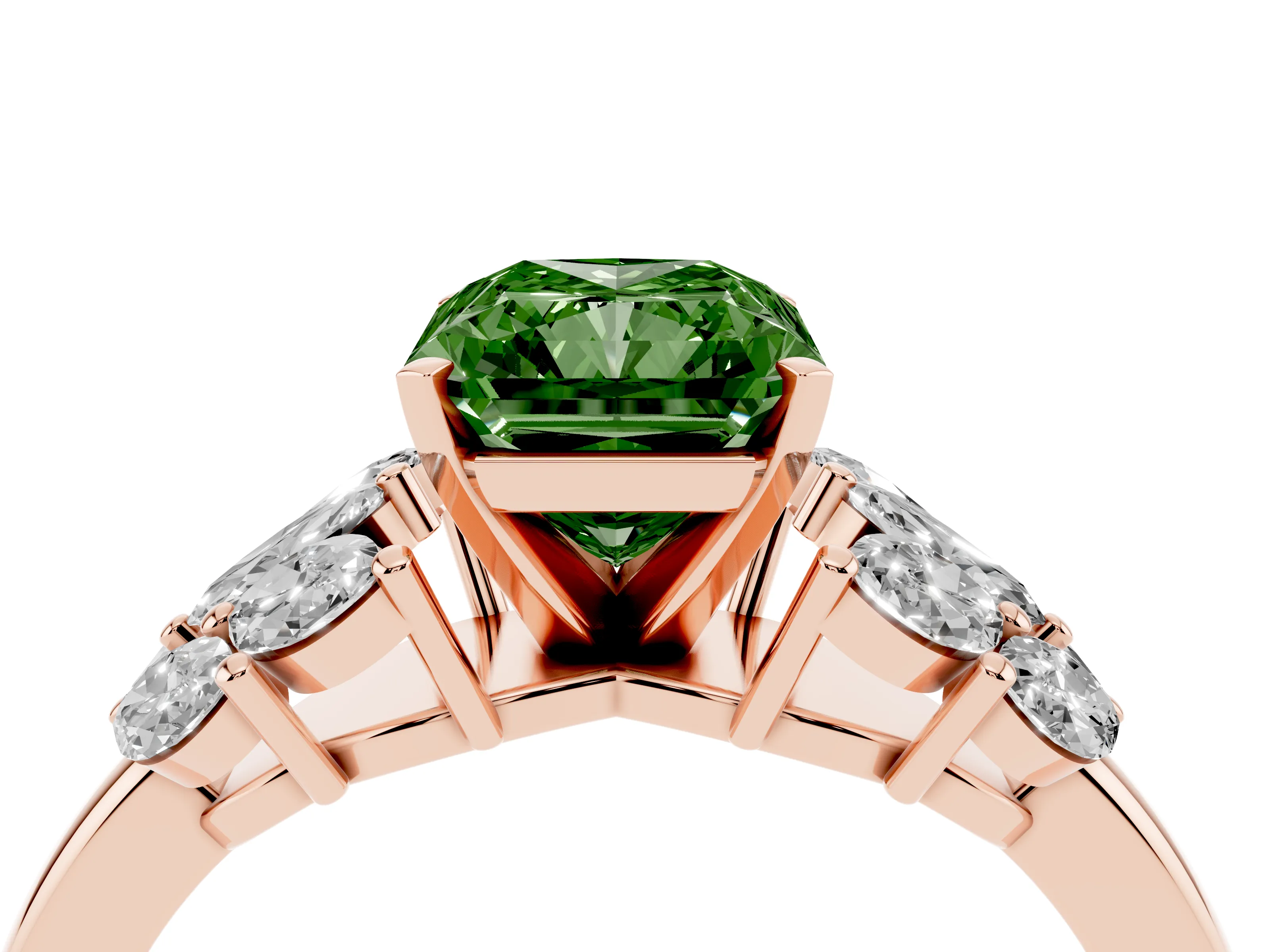 Fancy Green Radiant Cut Diamond Cluster Leaf Design Ring Set in Rose gold with Prong Setting