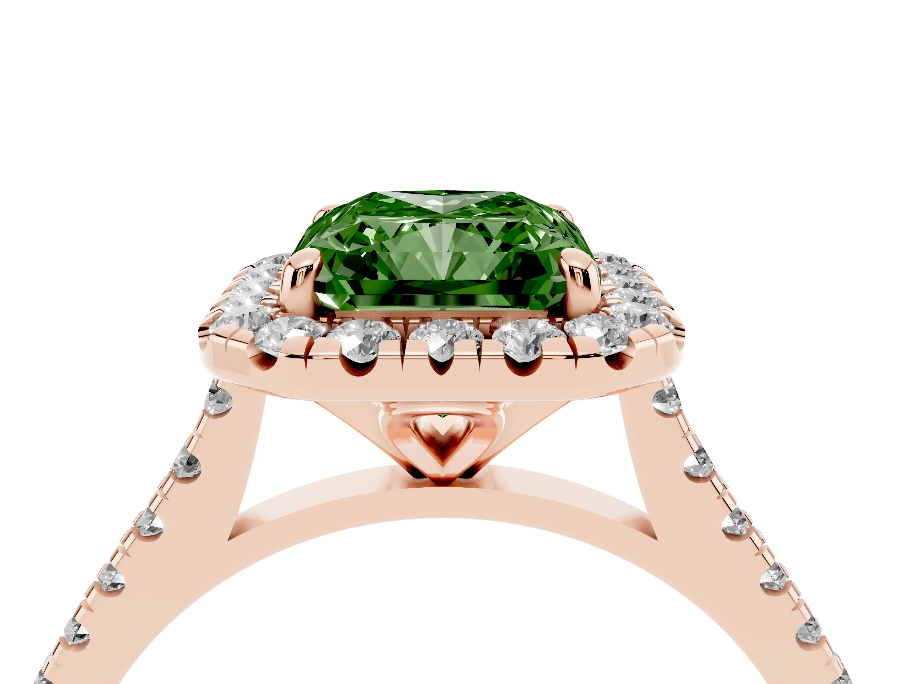 Fancy Green Radiant Cut Diamond Cushion Halo Ring Set in Rose gold with Pavé Band