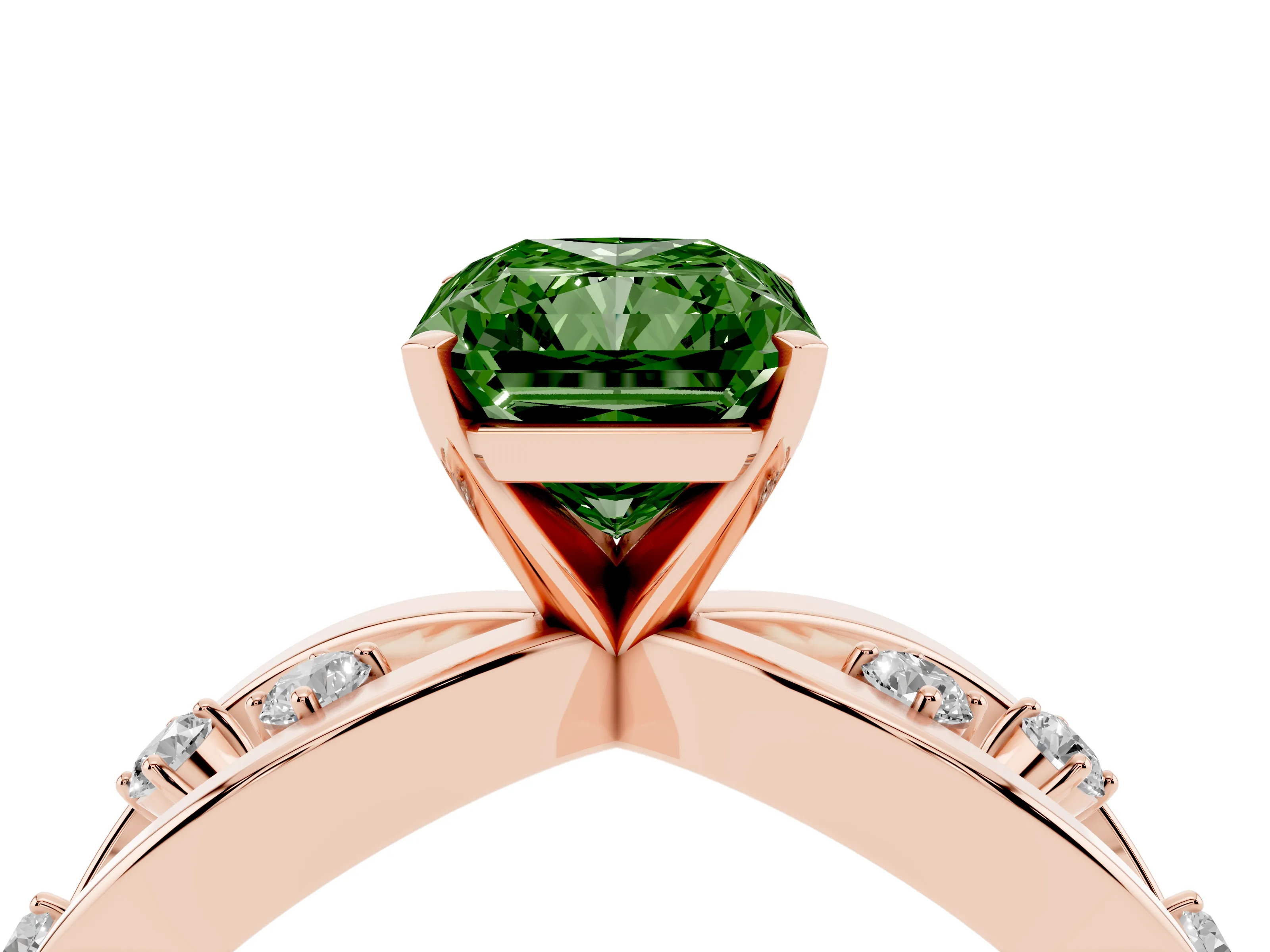 Fancy Green Radiant Cut Diamond Solitaire Ring Set in Rose gold with Side Stones on Criss-Cross Band and Prong Setting