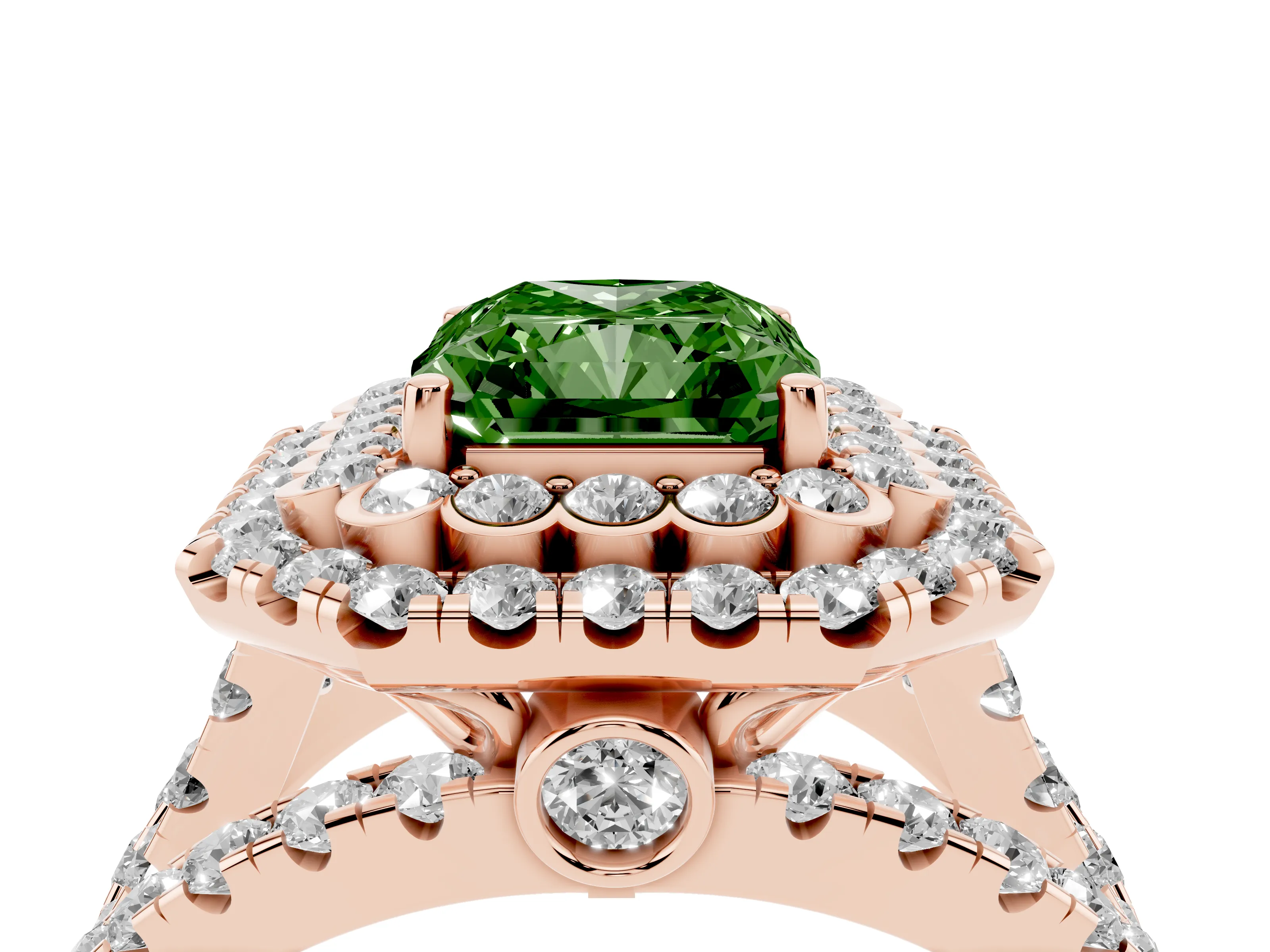 Fancy Green Radiant Cut Diamond Double Halo Ring Set in Rose gold with Round Pavé Split Shank