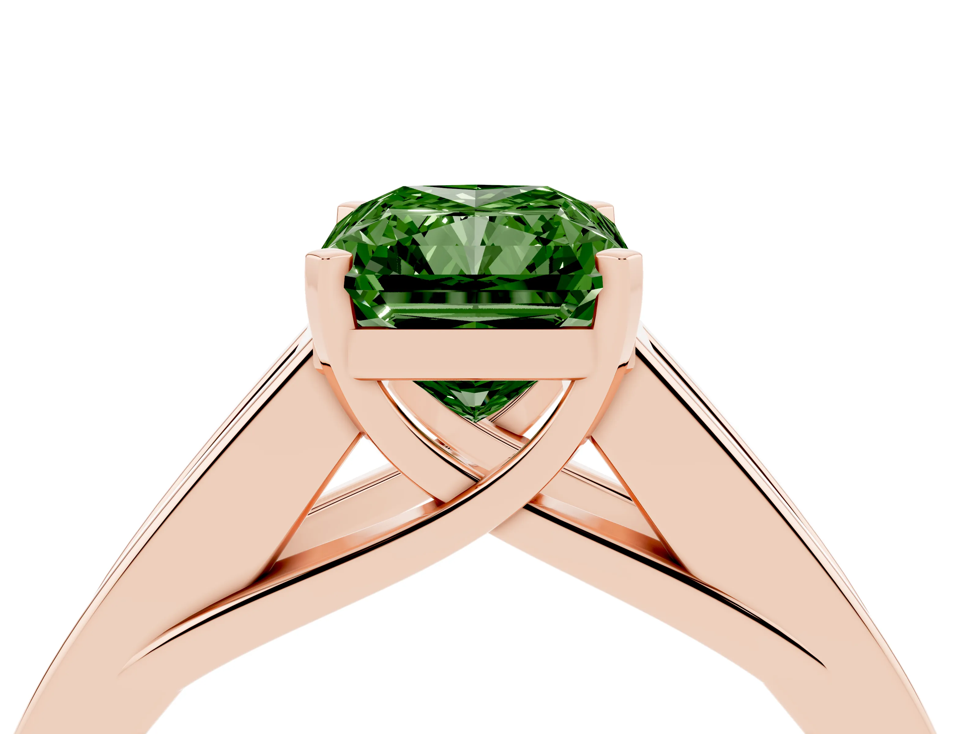 Fancy Green Radiant Cut Diamond Solitaire Ring Set in Rose gold with Channel-Set Accent Stones and Prong Setting