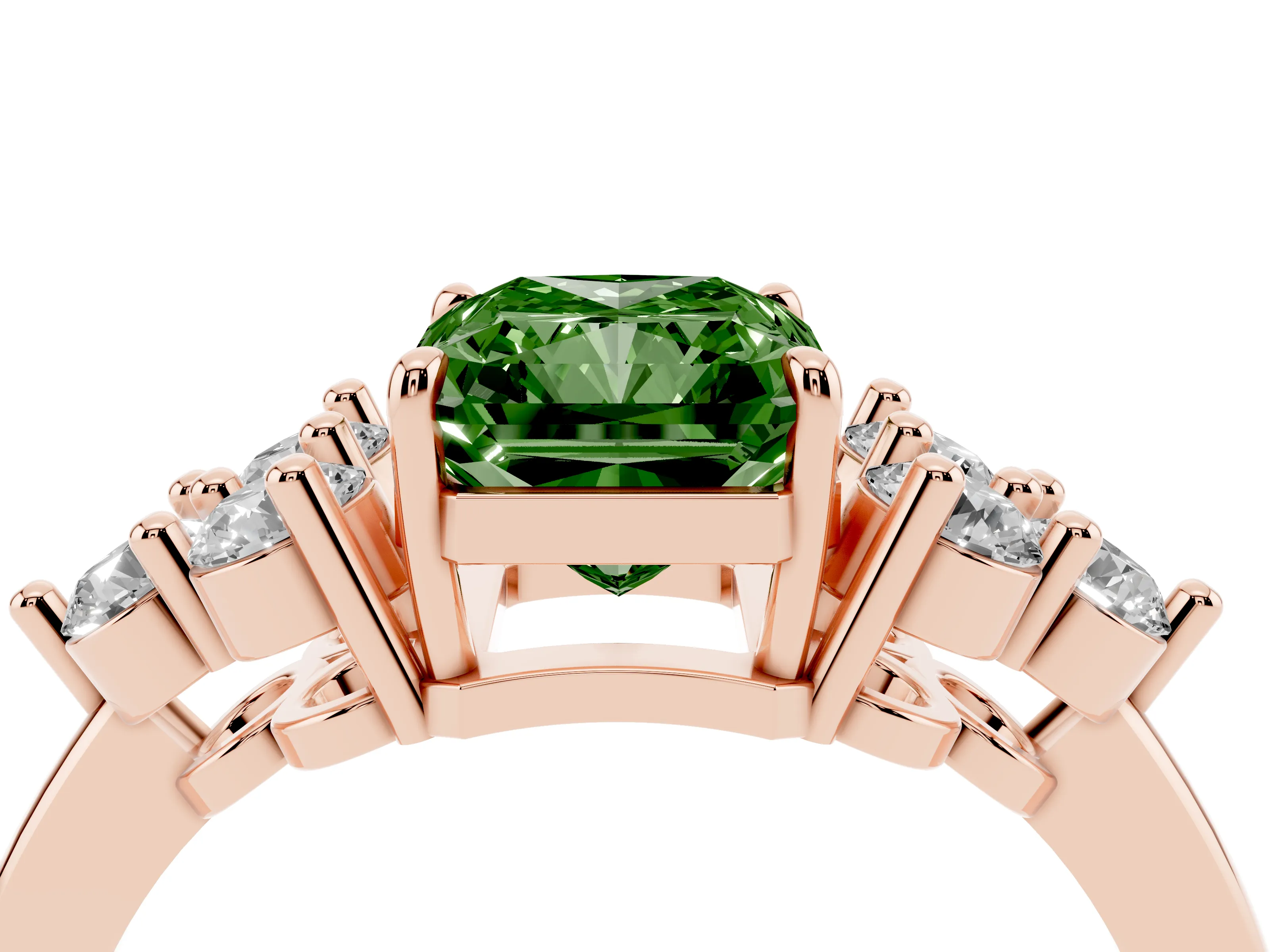 Fancy Green Radiant Cut Diamond Solitaire Ring Set in Rose gold with Cluster Accents on Each Side