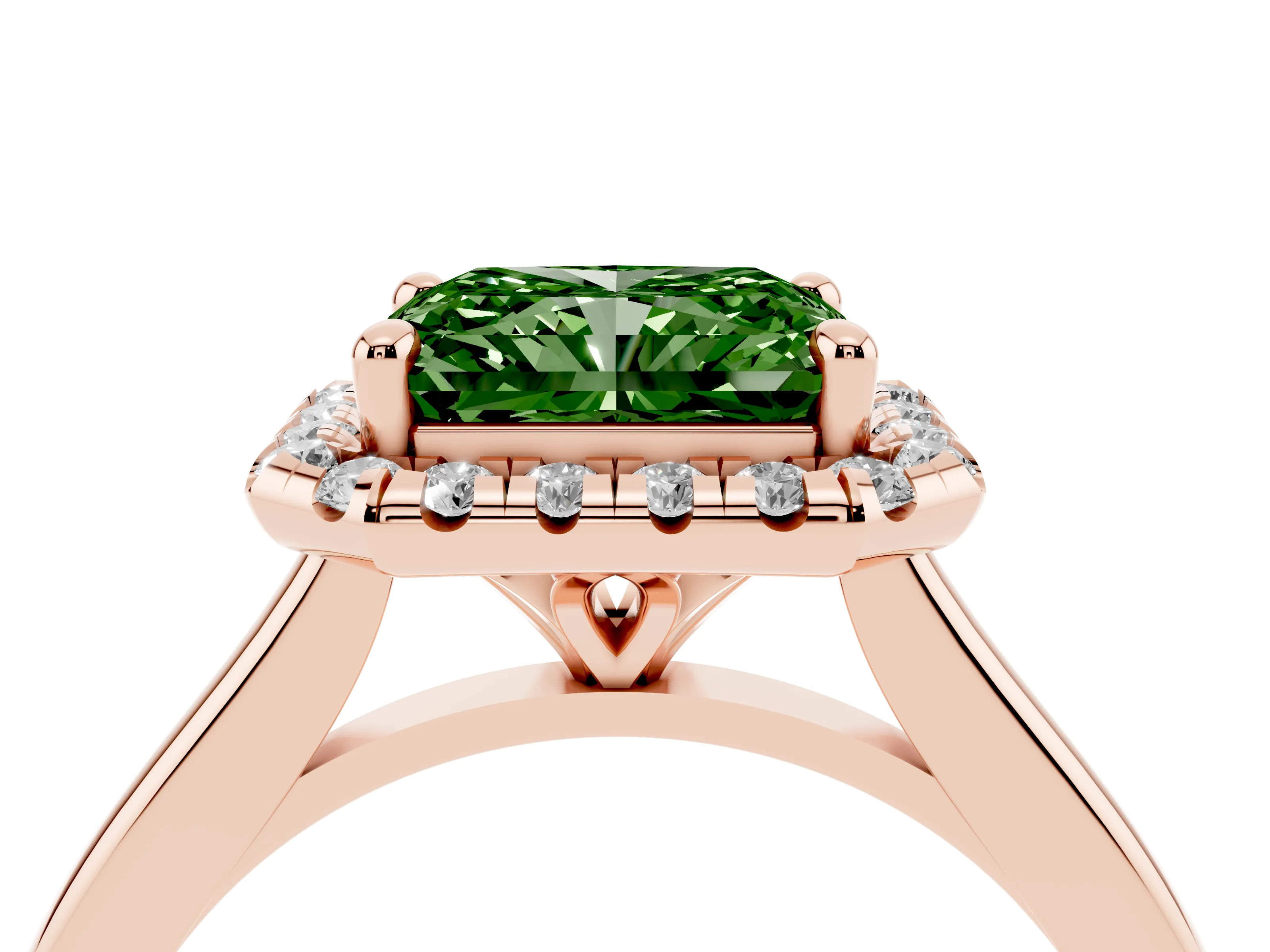 Fancy Green Radiant Cut Diamond Halo Engagement Ring Set in Rose gold with Pavé Band and Rising Shoulders