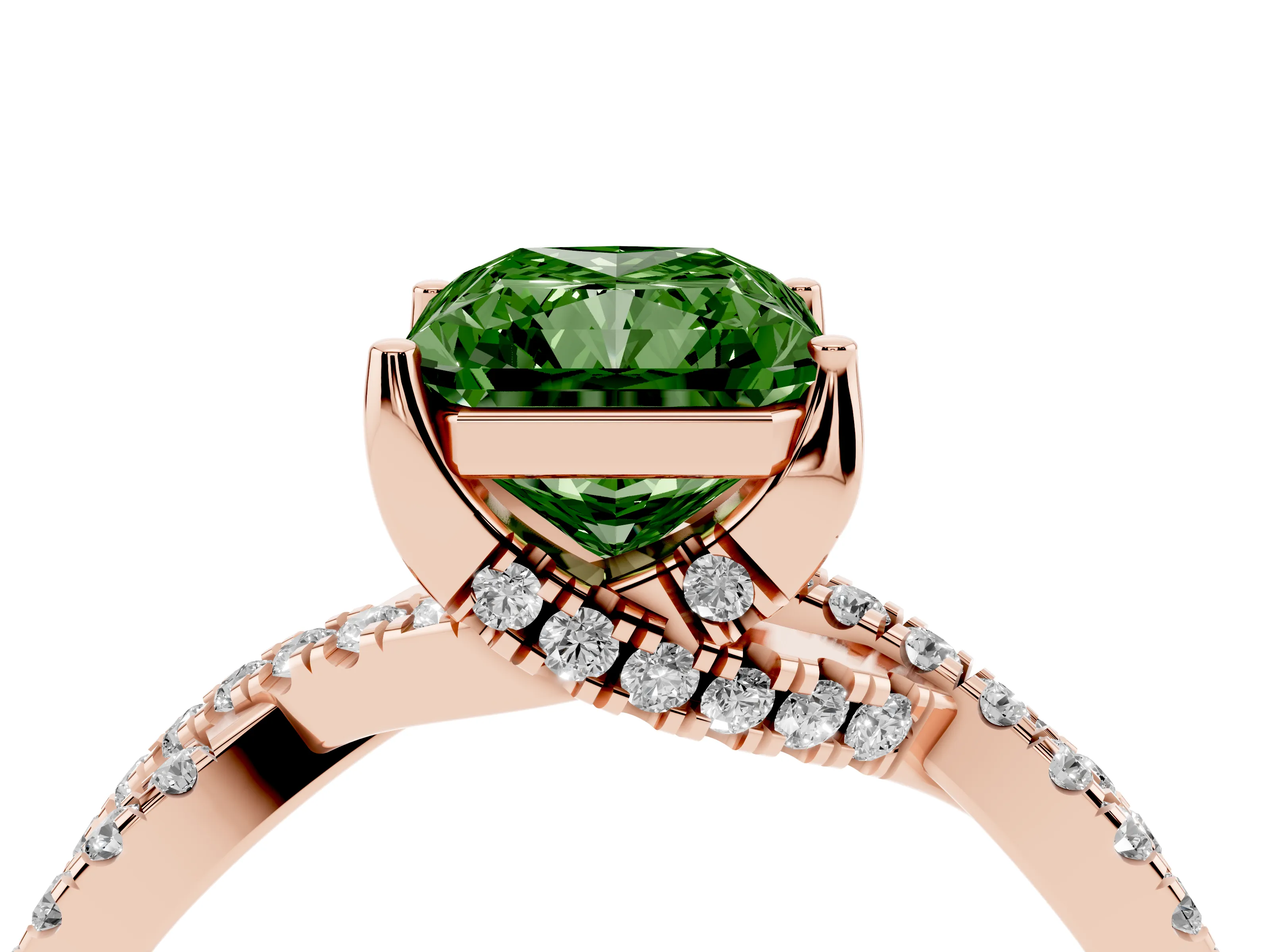 Fancy Green Radiant Cut Diamond Twist Pavé Solitaire Engagement Ring Set in Rose gold with Prong Setting