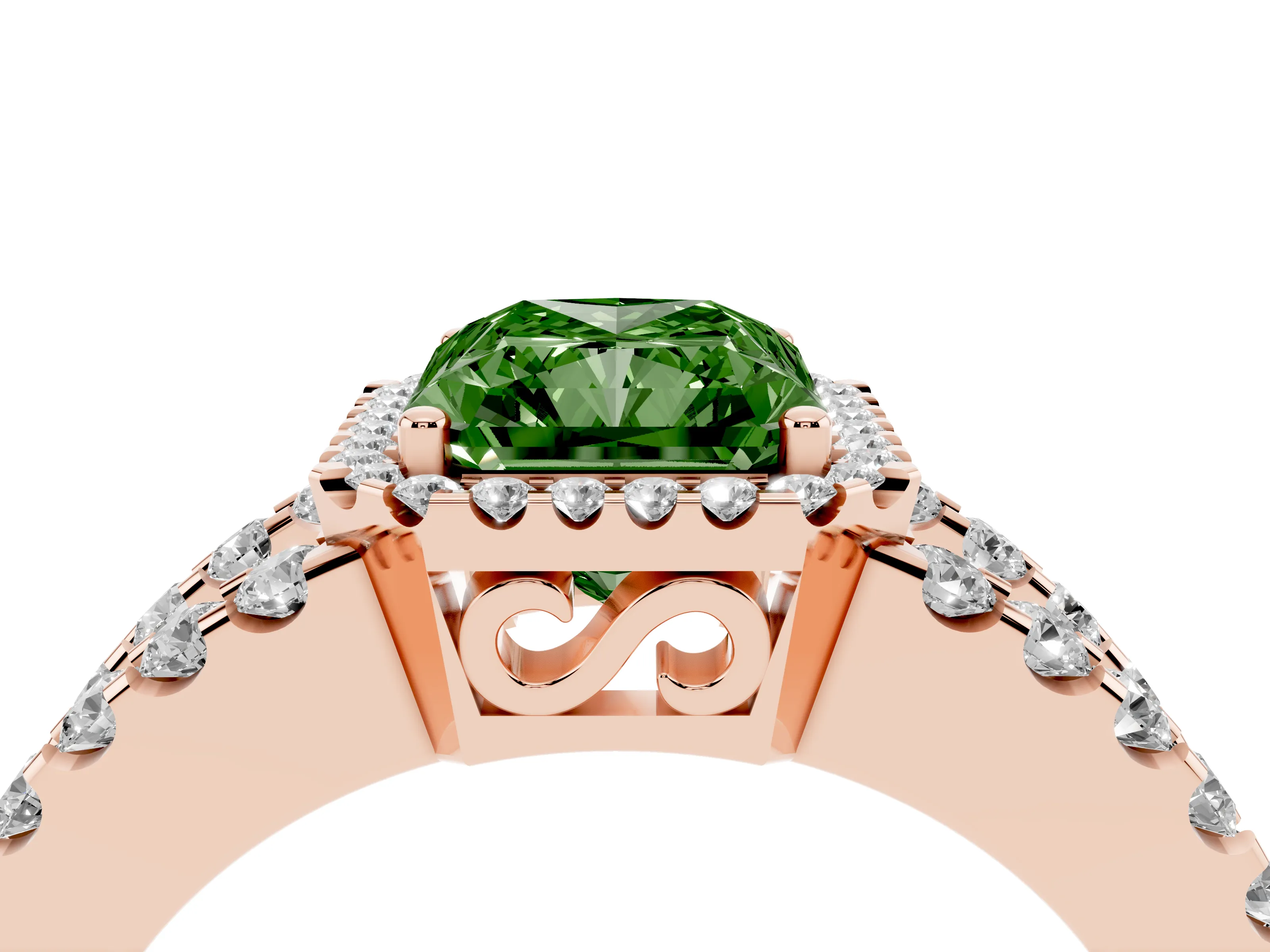 Fancy Green Radiant Cut Diamond Halo Ring Set in Rose gold with Pavé Split Shank and Prong Setting