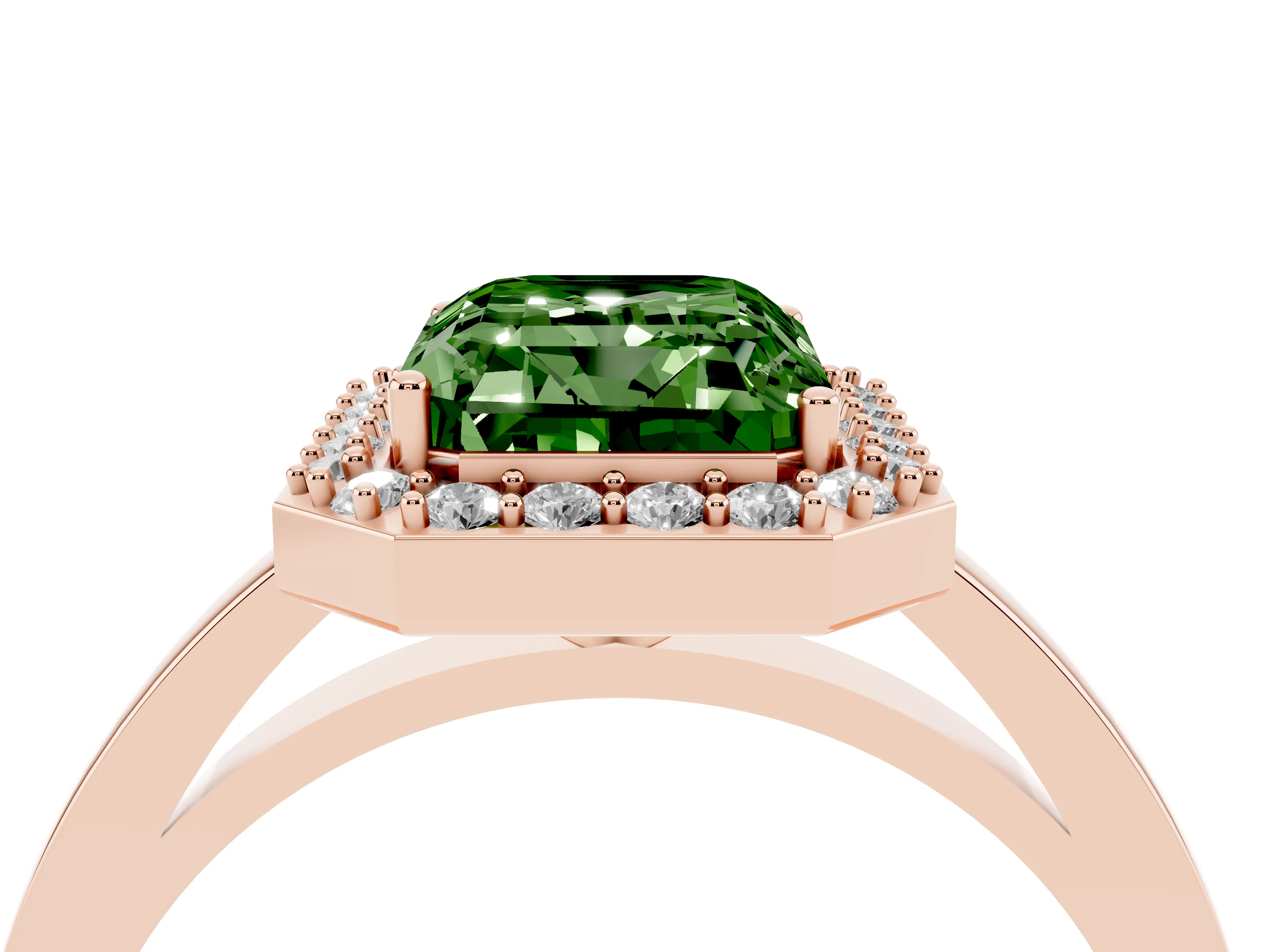 Fancy Green Radiant Cut Diamond Halo Ring Set in Rose gold with Solitaire Band and Prong Setting
