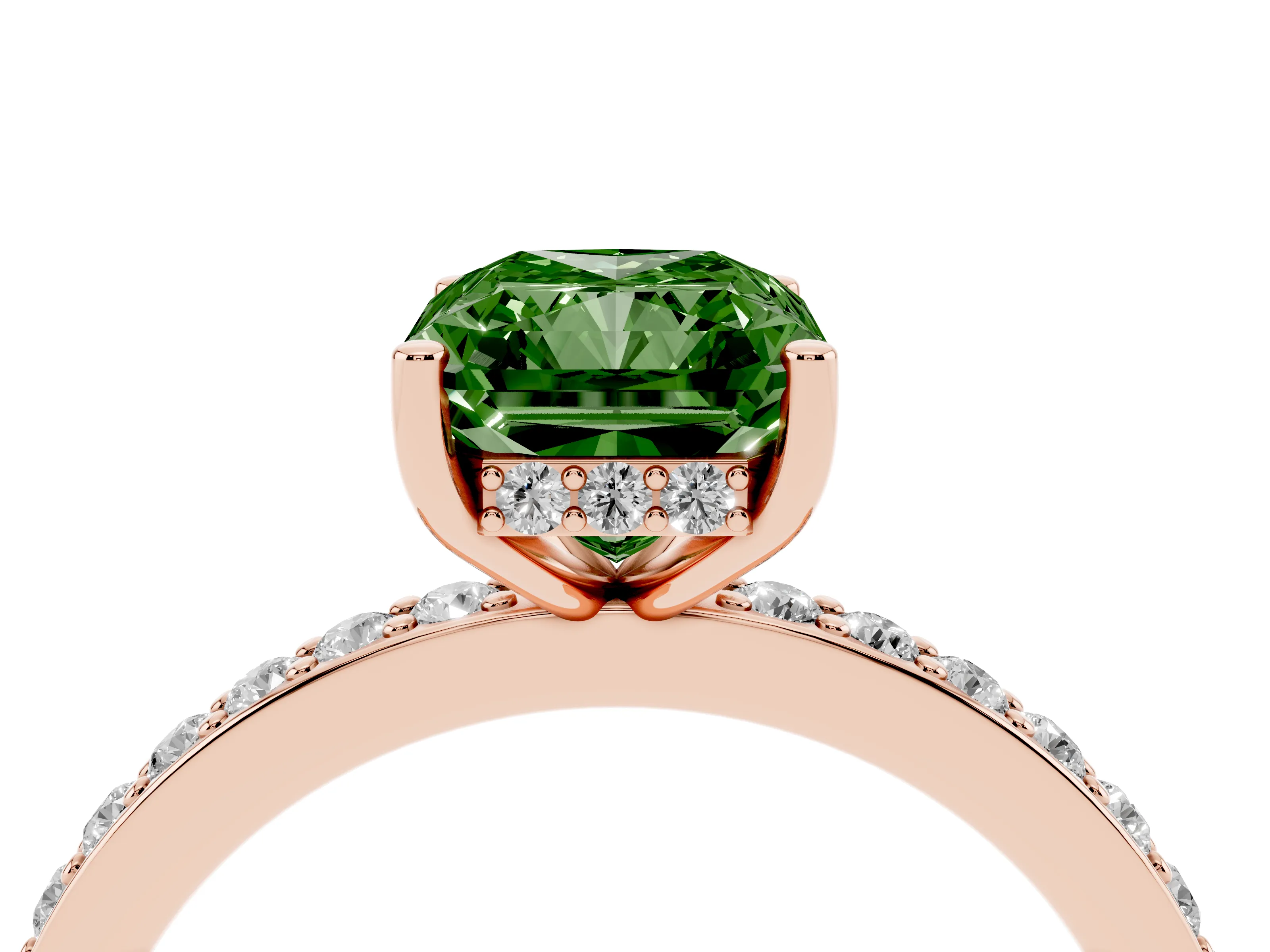 Fancy Green Radiant Cut Diamond Pavé Band Ring Set in Rose gold with Prong-Set Center Stone