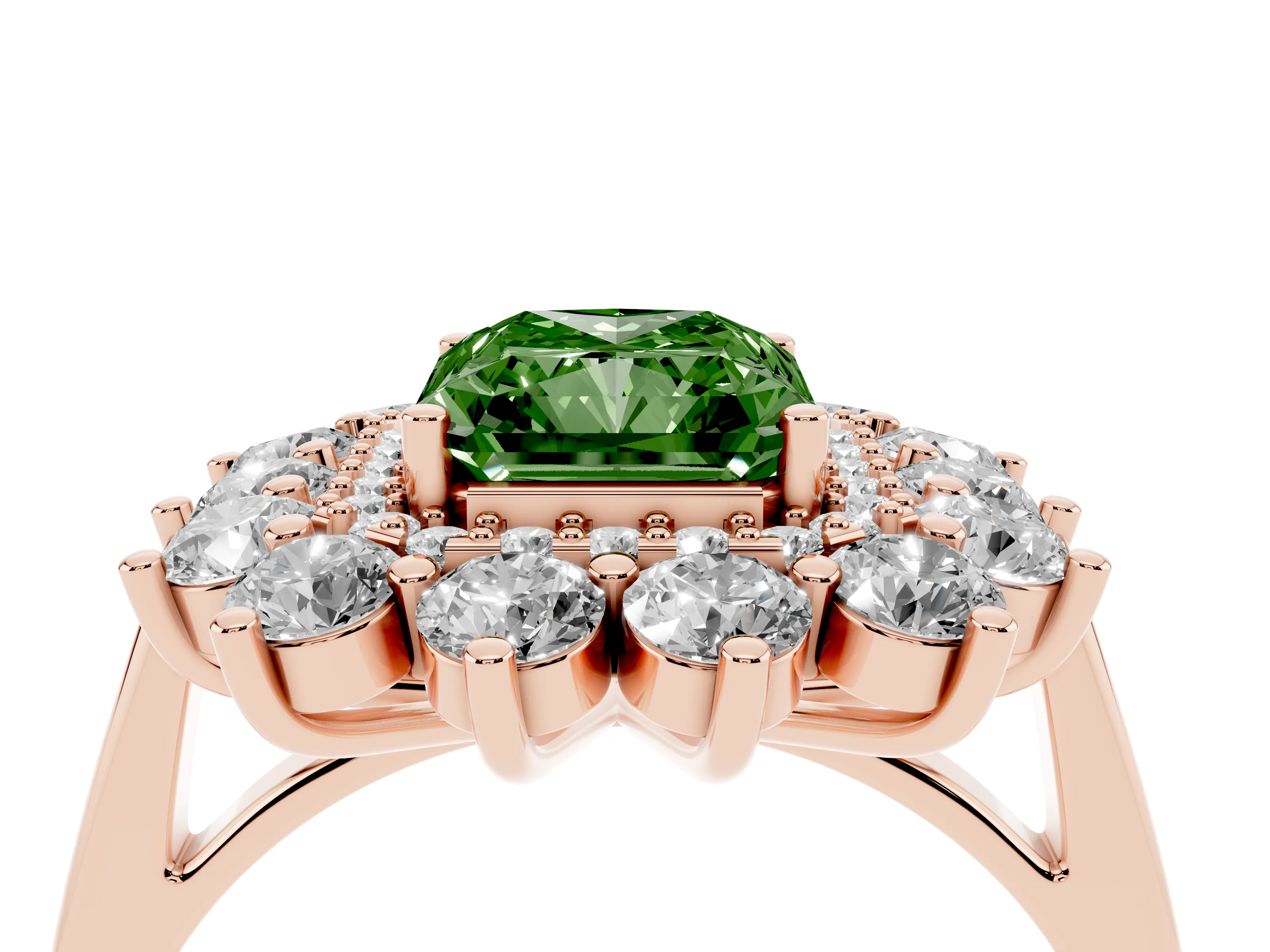 Fancy Green Radiant Cut Diamond Floral Double Halo Ring Set in Rose gold with Round Petals