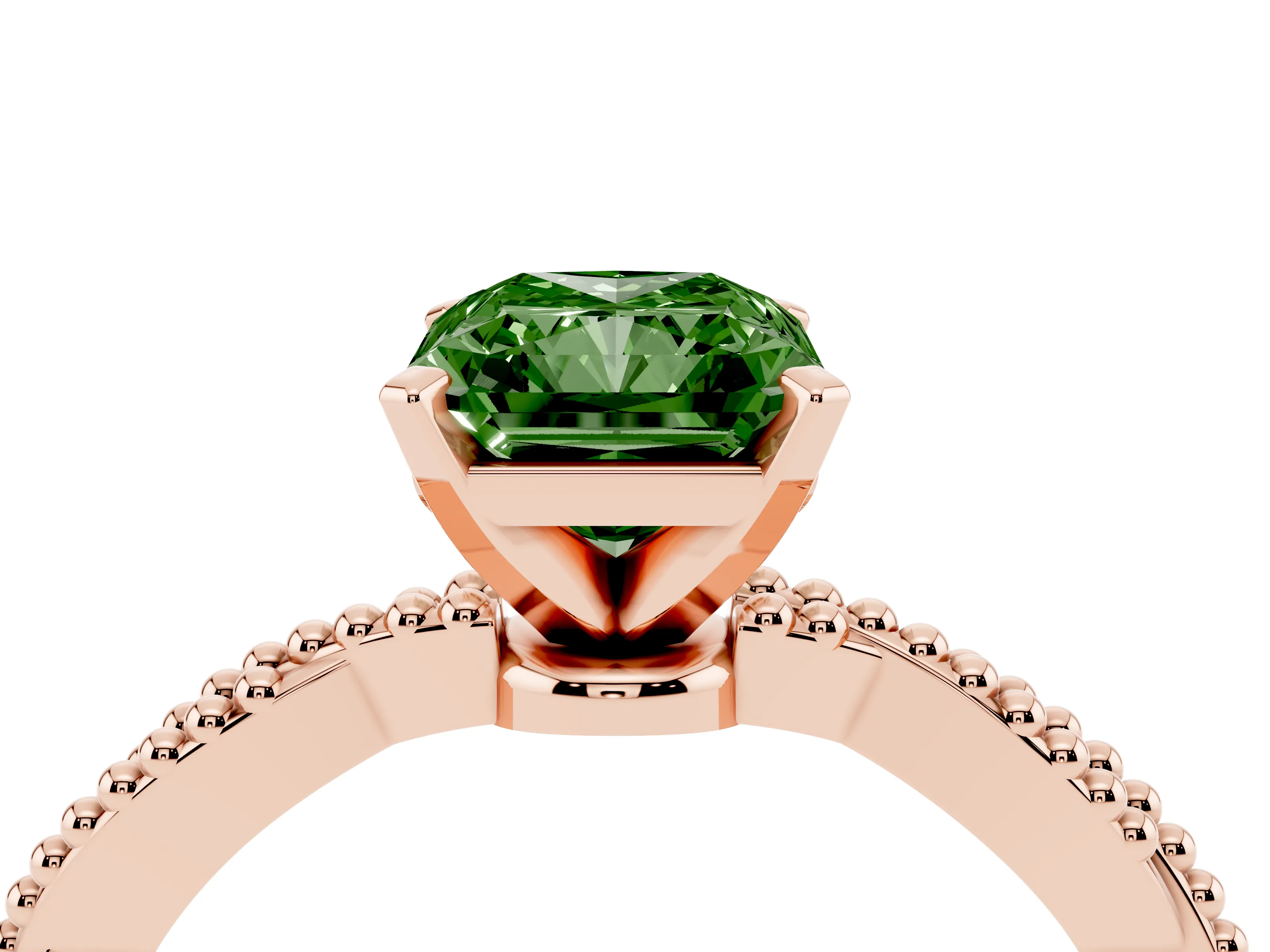 Fancy Green Radiant Cut Diamond Solitaire Ring Set in Rose gold with Twisted Band and Bead Prong Setting