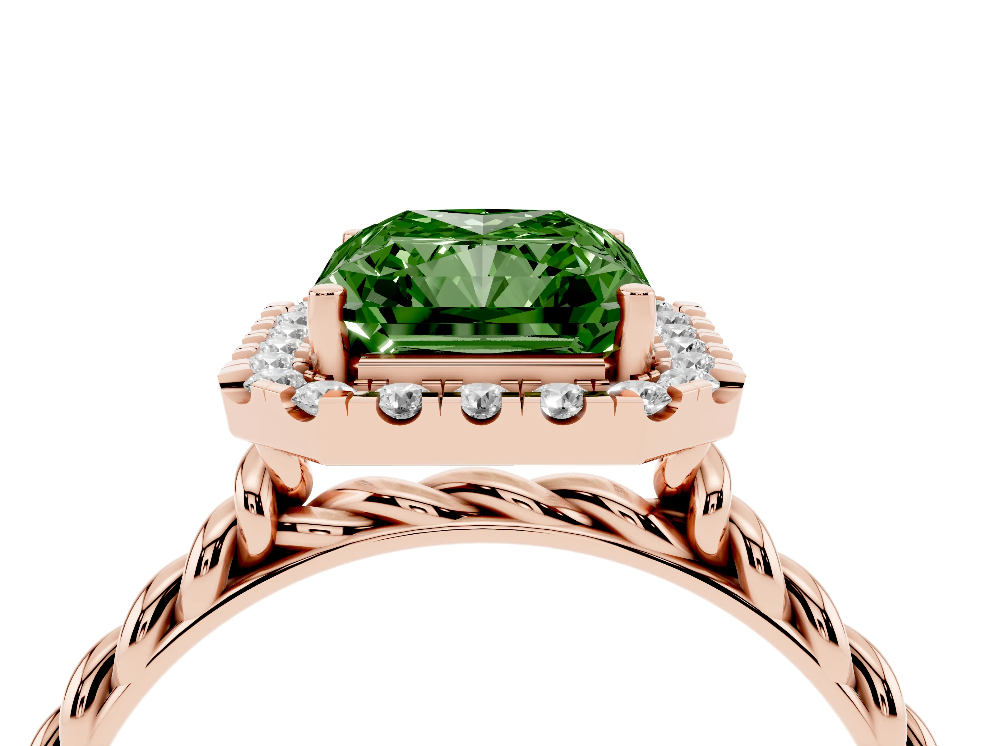Fancy Green Radiant Cut Diamond Halo Ring Set in Rose gold with Plain Twisted Band