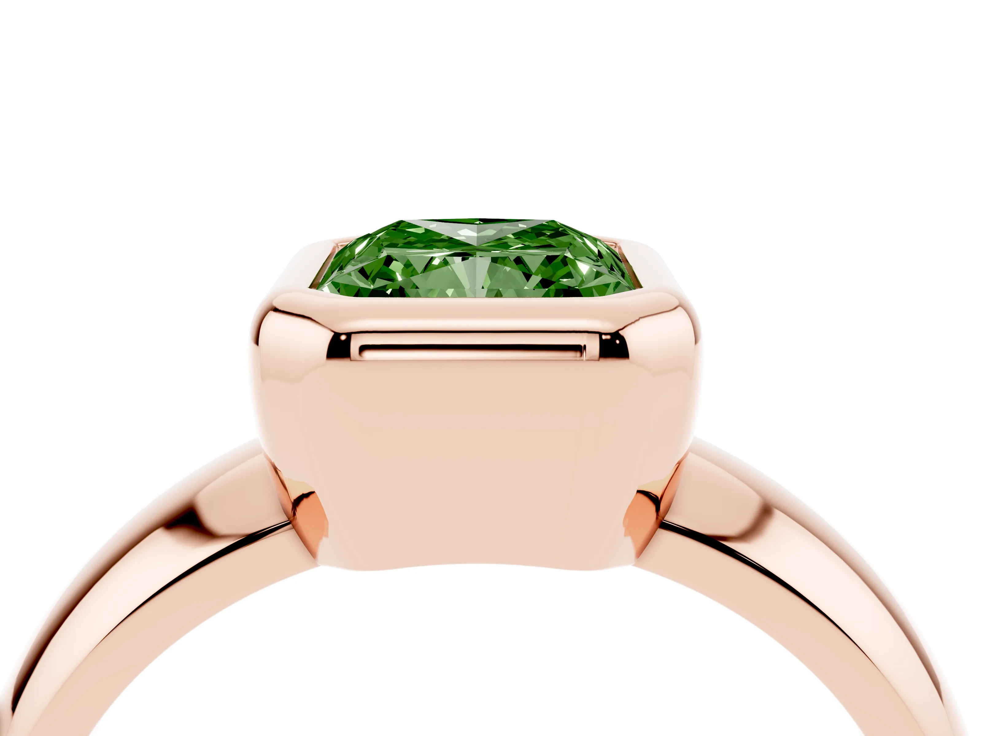 Fancy Green Bezel Set Radiant Cut Diamond Solitaire Ring Set in Rose gold with Wide Band