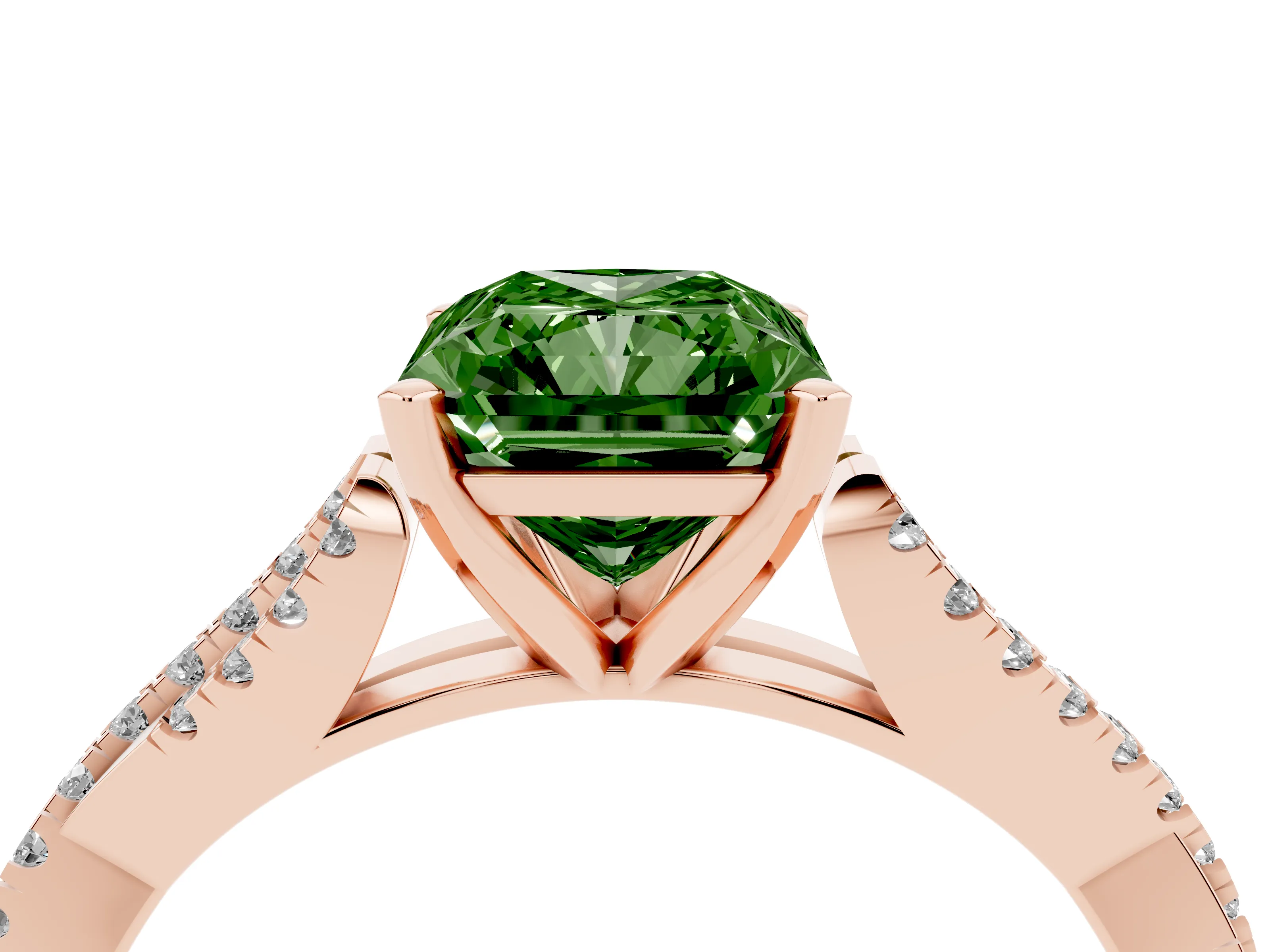 Fancy Green Radiant Cut Diamond Solitaire Engagement Ring Set in Rose gold with Twisted Pavé Band and Prong Setting