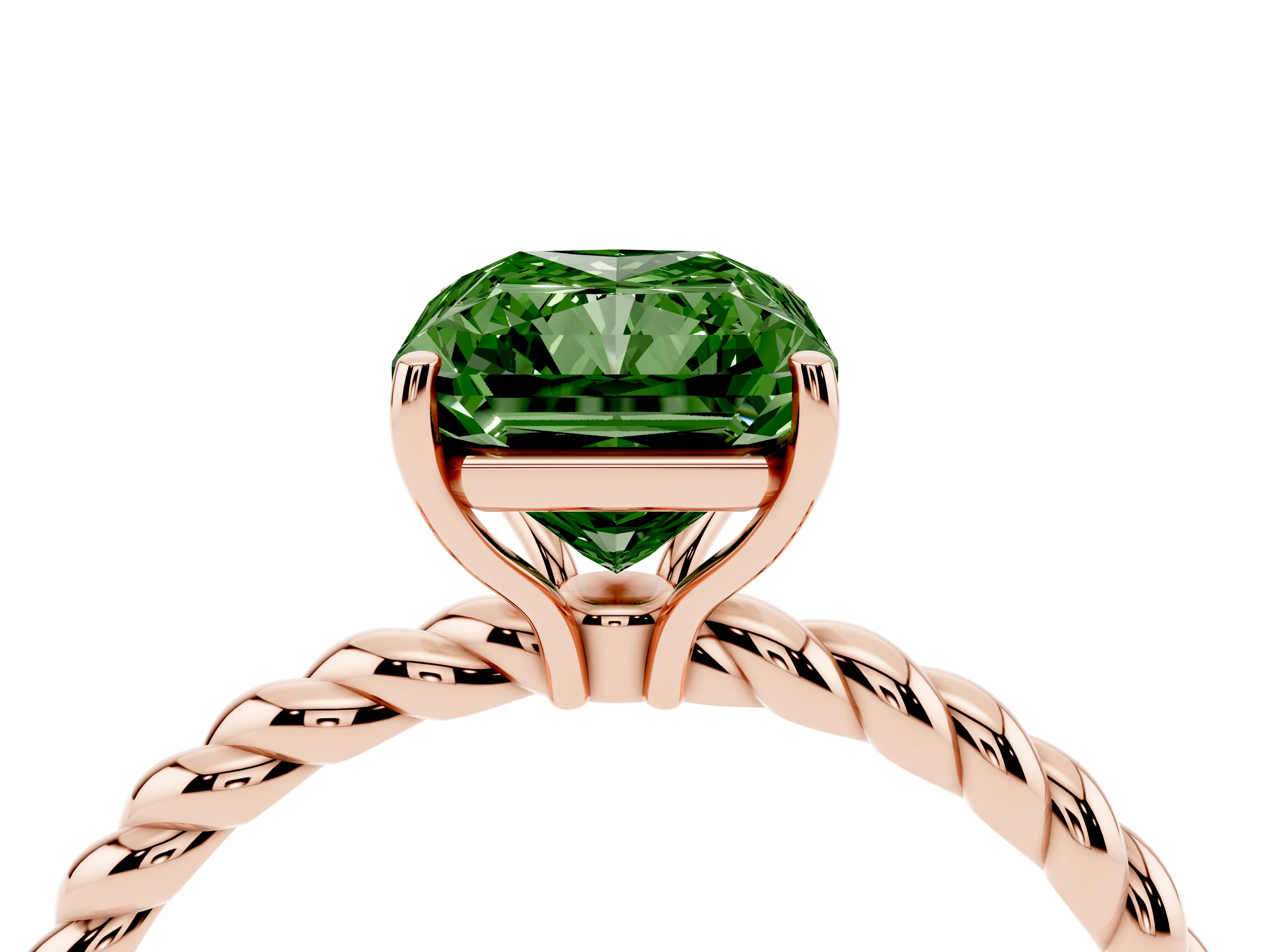 Fancy Green Radiant Cut Diamond Solitaire Ring Set in Rose gold with Twist Band and Prong Setting
