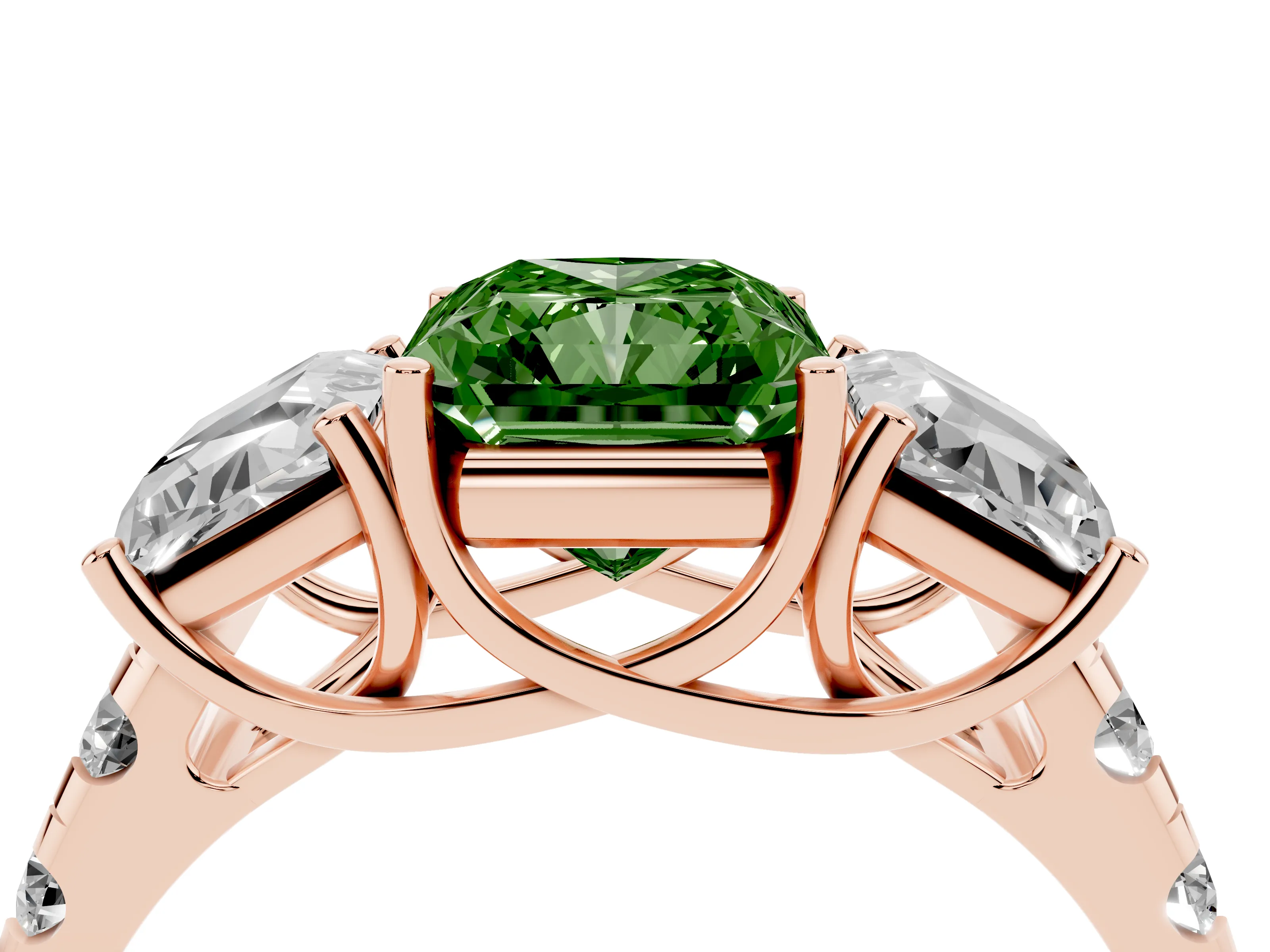 Fancy Green Radiant Cut Diamond Three-Stone Ring Set in Rose gold with Pavé Band