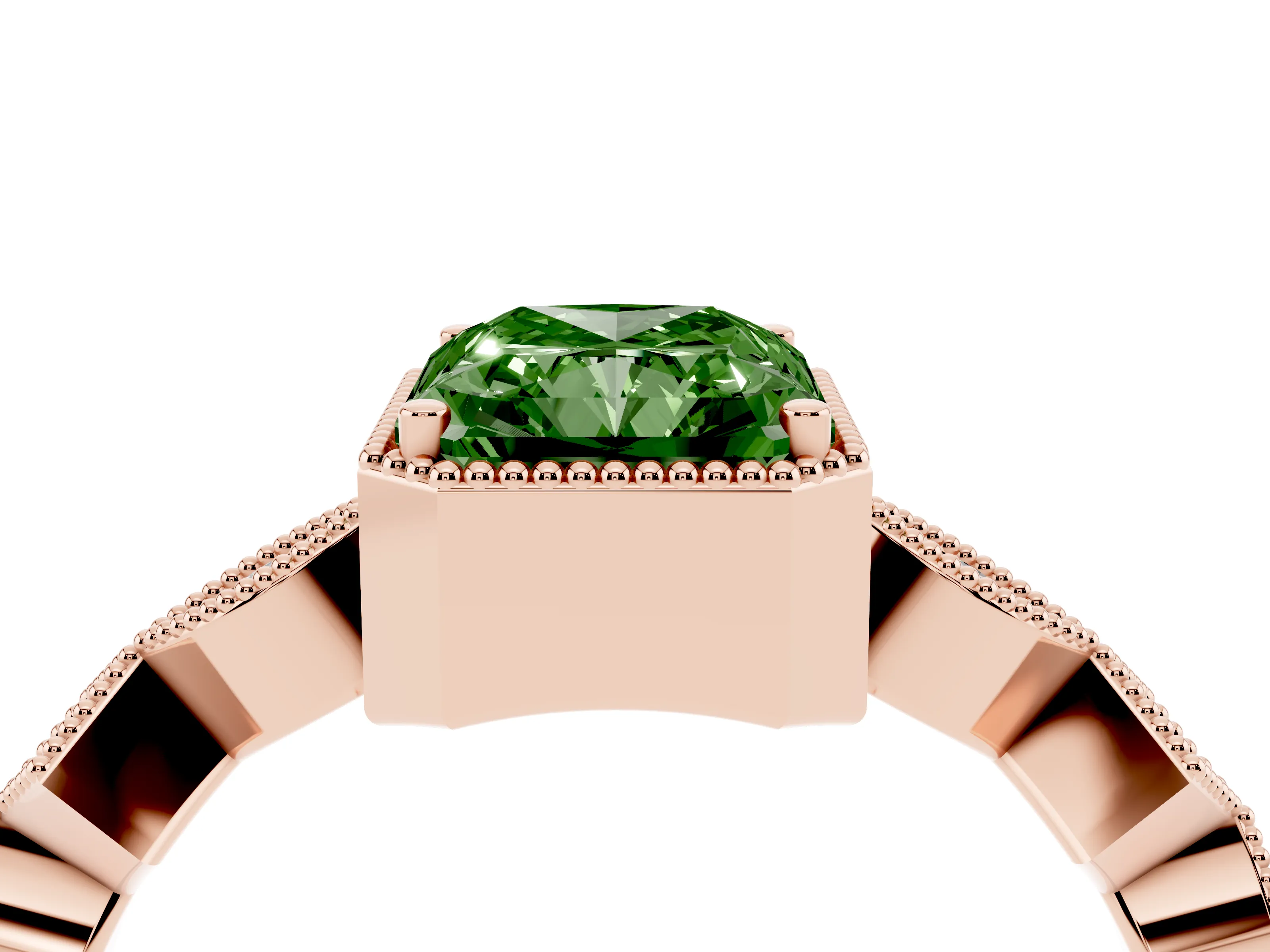 Fancy Green Radiant Cut Diamond Milgrain Marquise Twist Band Ring Set in Rose gold with Prong Setting