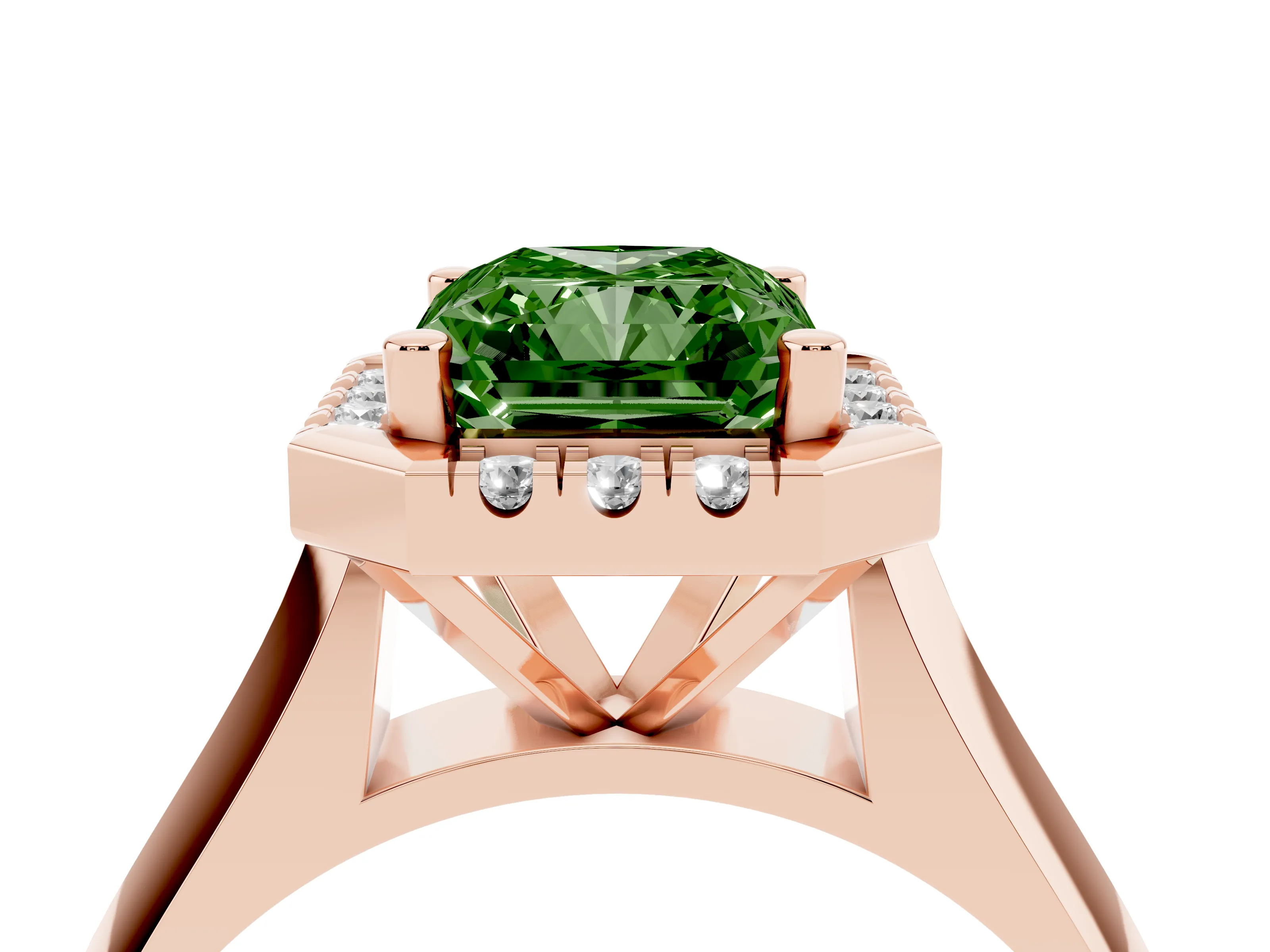 Fancy Green Radiant Cut Diamond Halo Solitaire Engagement Ring Set in Rose gold with Square Band and Prong Setting