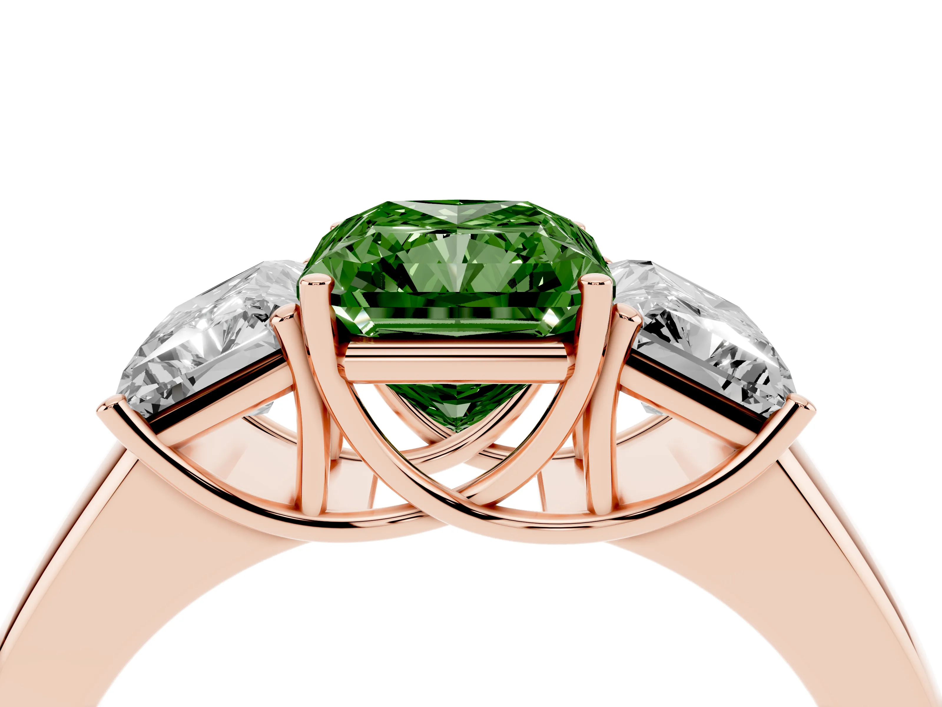 Fancy Green Three-Stone Radiant Cut Diamond Ring Set in Rose gold with Matching Prong Settings and Plain Band