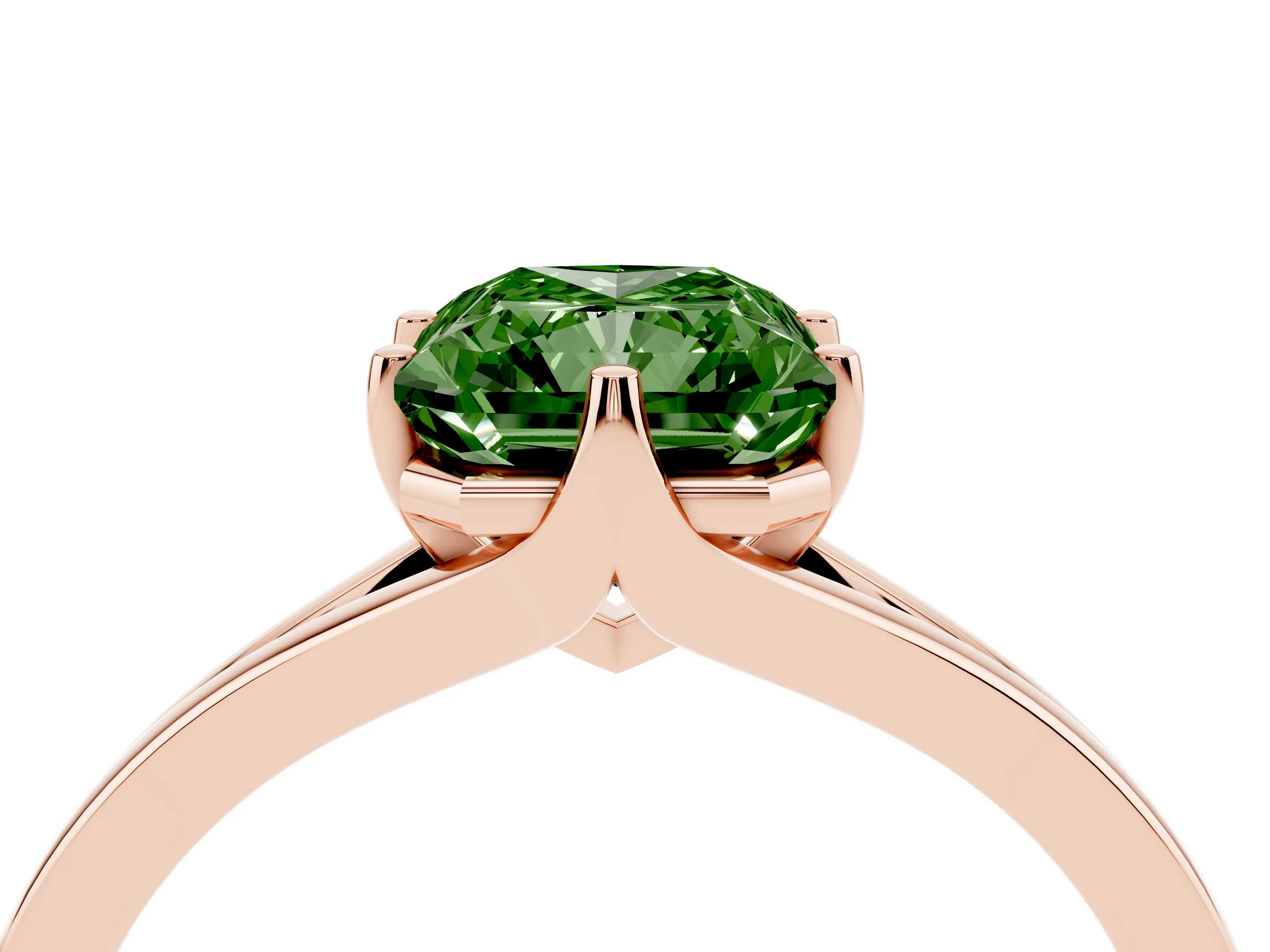 Fancy Green Radiant Cut Diamond Solitaire Ring Set in Rose gold with Polished Tapered Band and Prong Setting