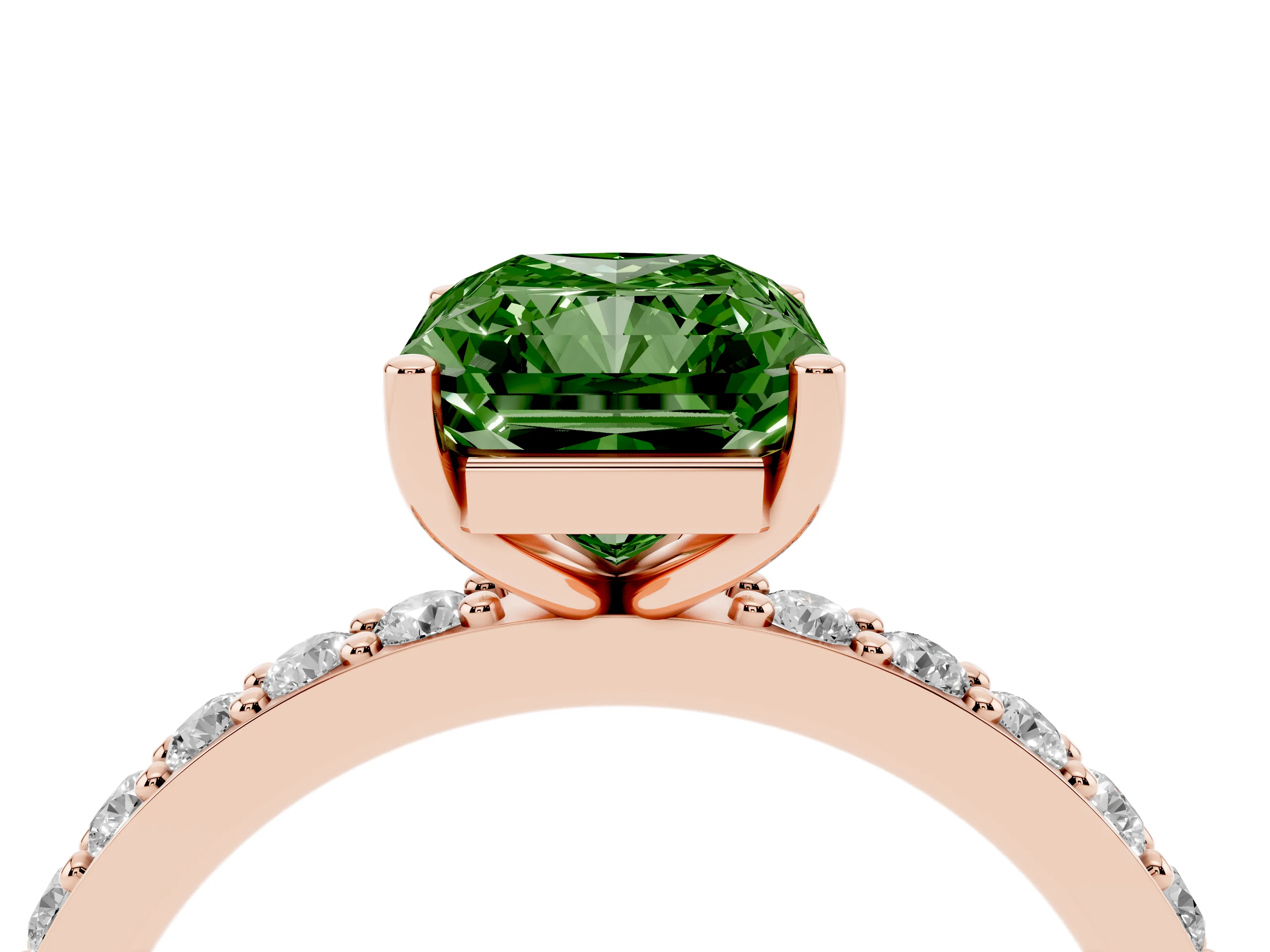 Fancy Green Radiant Cut Diamond Solitaire Set in Rose gold with Round Pavé Band and Prong Setting