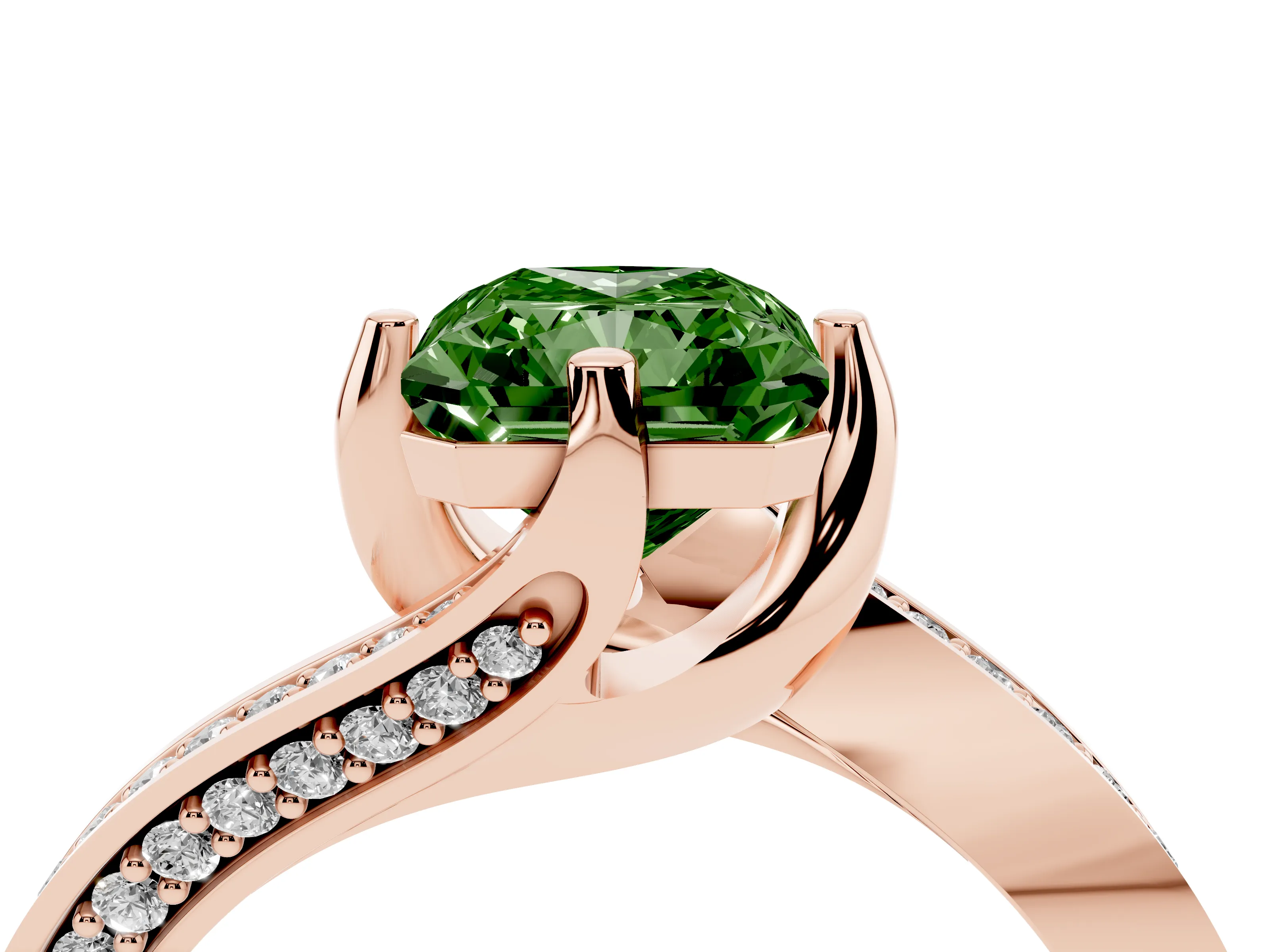 Fancy Green Radiant Cut Diamond Solitaire Ring Set in Rose gold with Intertwined Pavé Twist Band